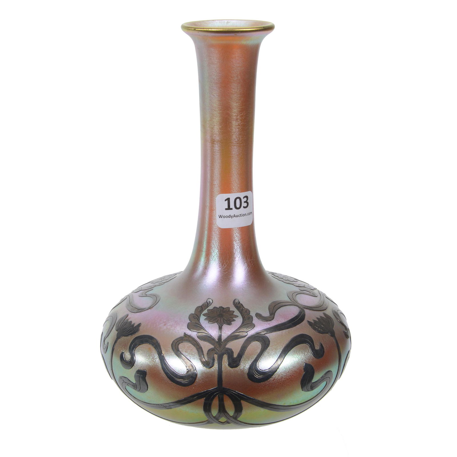 Vase/Carafe Signed Quezal With Sterling Overlay (1 of 4)
