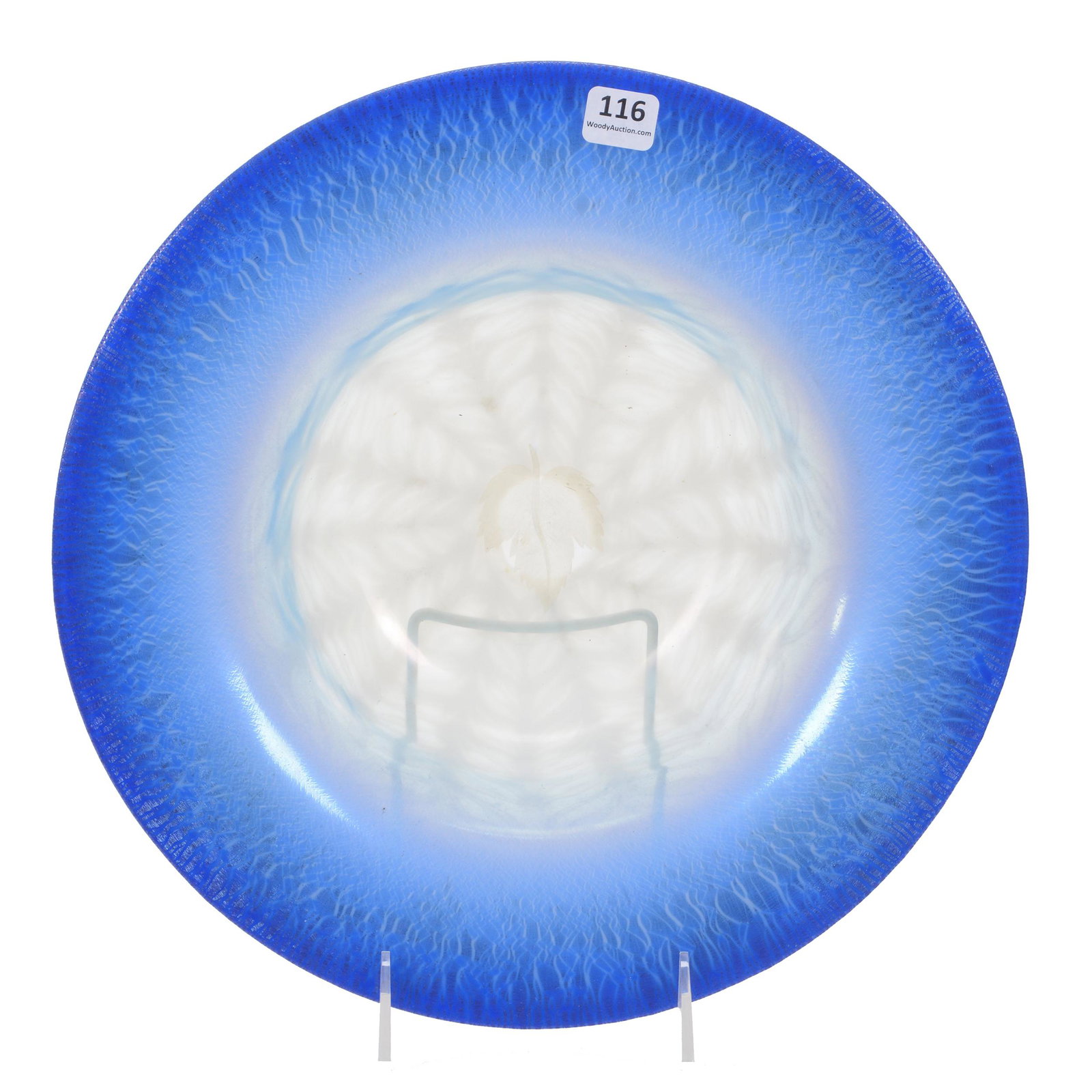Bowl Signed "L.C. Tiffany-Favrile #1945" Art Glass: Bowl Signed "L.C. Tiffany-Favrile #1945" Art Glass, 3.5" x 12", Blue Opalescent, Engraved Leaf In Center Of Bowl, Feathery Opalescent Design On Blue "Stretch" Border, Collection of David Halsted, Kans