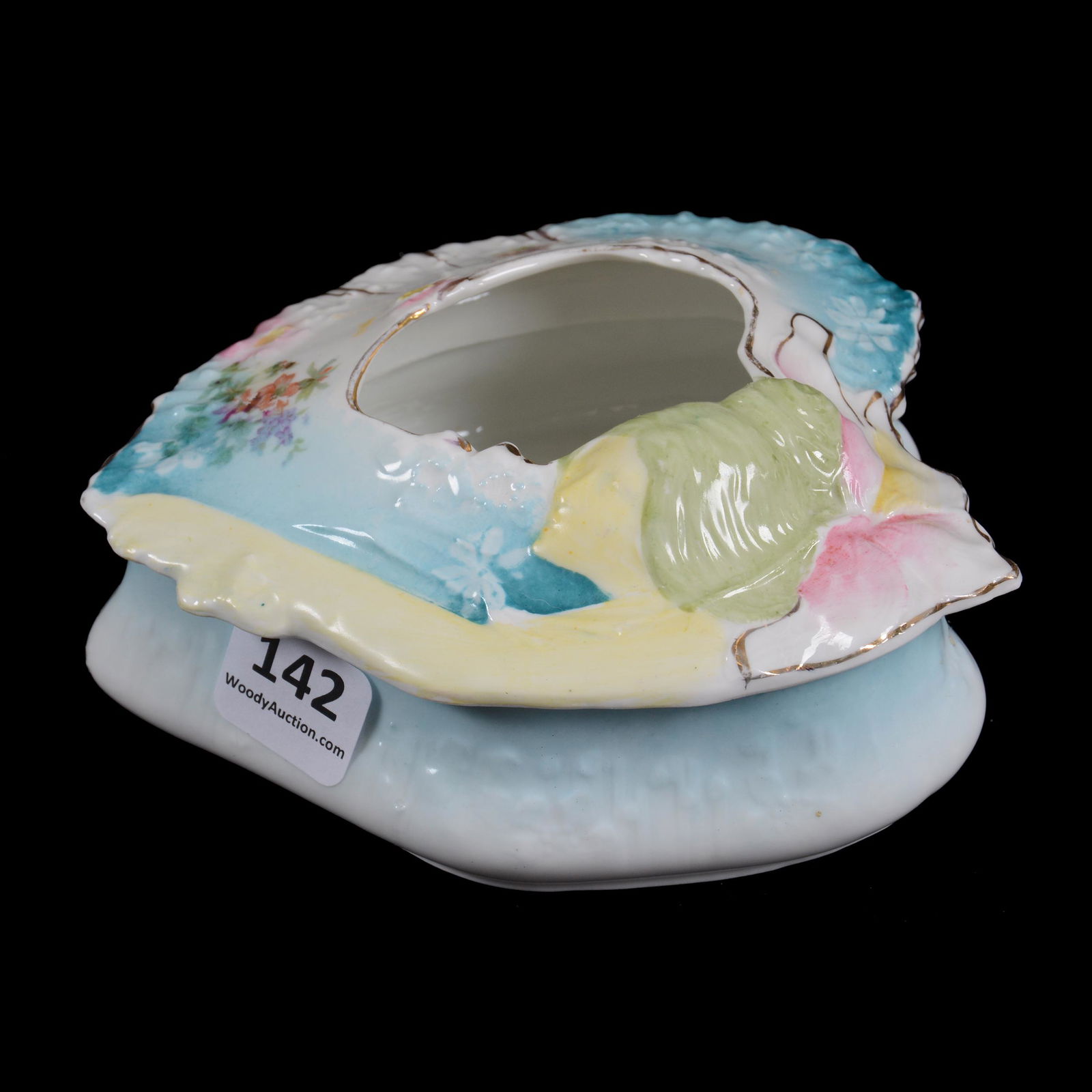 Hair Receiver, Unmarked R.S. Prussia, Hidden Image: Hair Receiver, Unmarked R.S. Prussia, Hidden Image, 2" x 5", Heart Shape, Blue And White Tones With Floral Decor, Private Collection