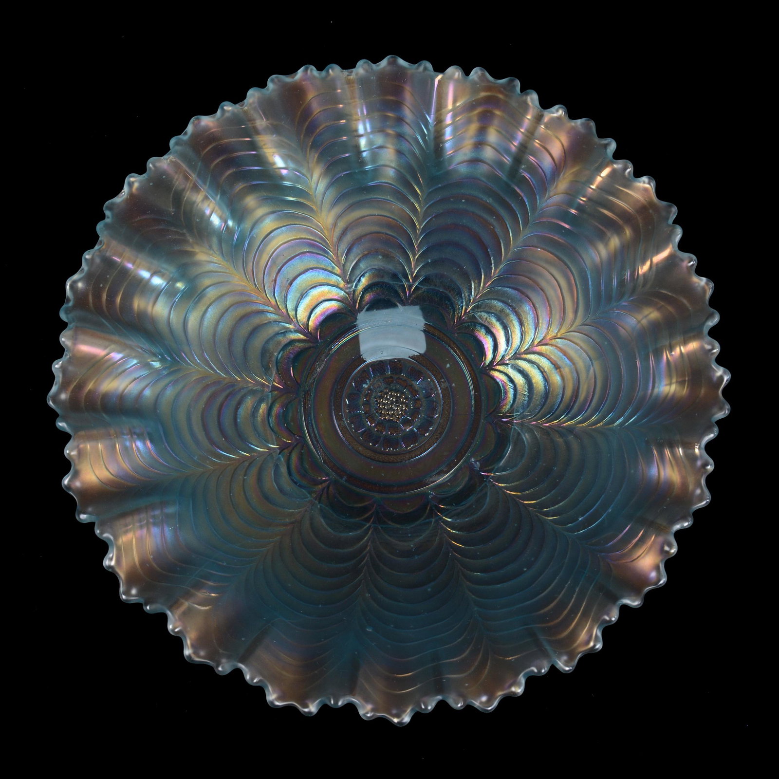 Bowl, Carnival Glass, Nippon Pattern By Northwood: Bowl, Carnival Glass, Nippon Pattern By Northwood, 2" x 8.25", Ice Blue, Pie Crust Edge, Private Collection