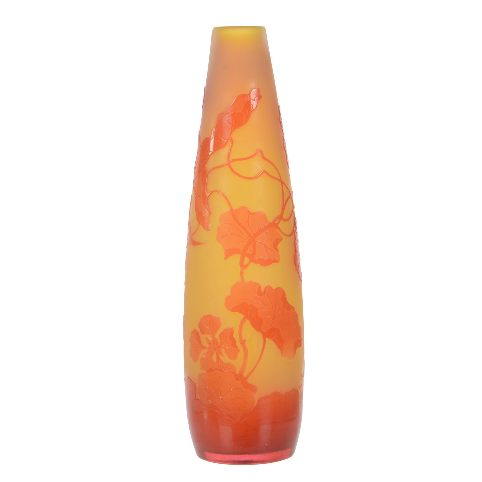 Vase Signed Galle French Cameo Art Glass: Vase Signed Galle French Cameo Art Glass, 10.75" x 3", Yellow And White Ground With Pink Cameo Carved Floral Overlay, Collection of David Halsted, Kansas