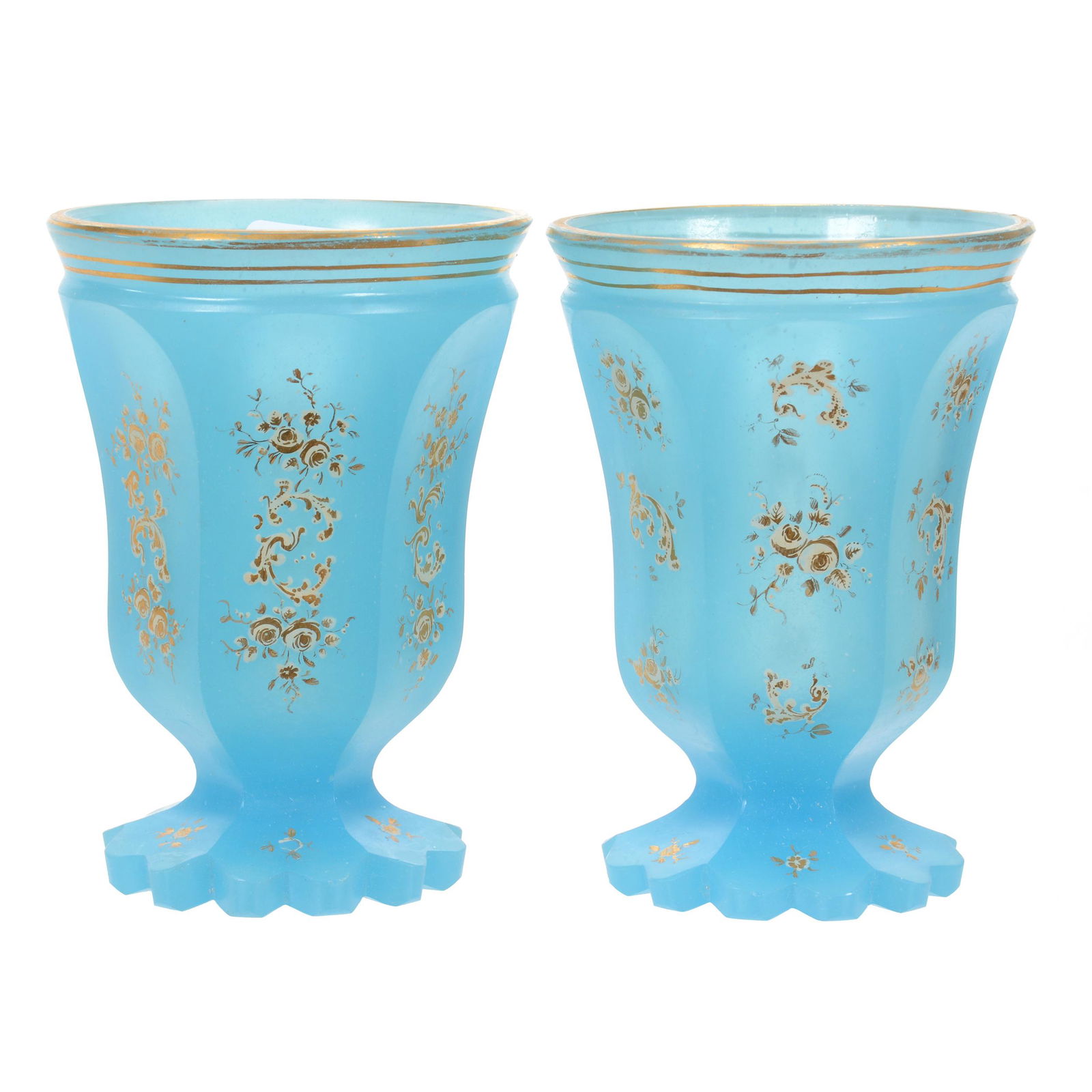Pair Goblets, Decorated Blue French Opaline Art Glass (1 of 3)