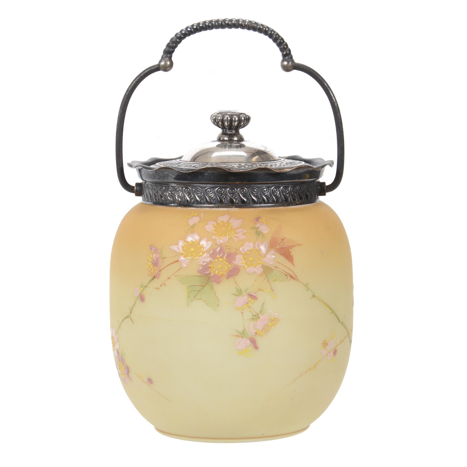 Biscuit Jar Marked Crown Milano Art Glass: Biscuit Jar Marked Crown Milano Art Glass, 7.25" x 5", Brown And Yellow Tones With Enamel Floral Decor, Silverplate Lid And Bail, Wilson Family Collection, Illinois