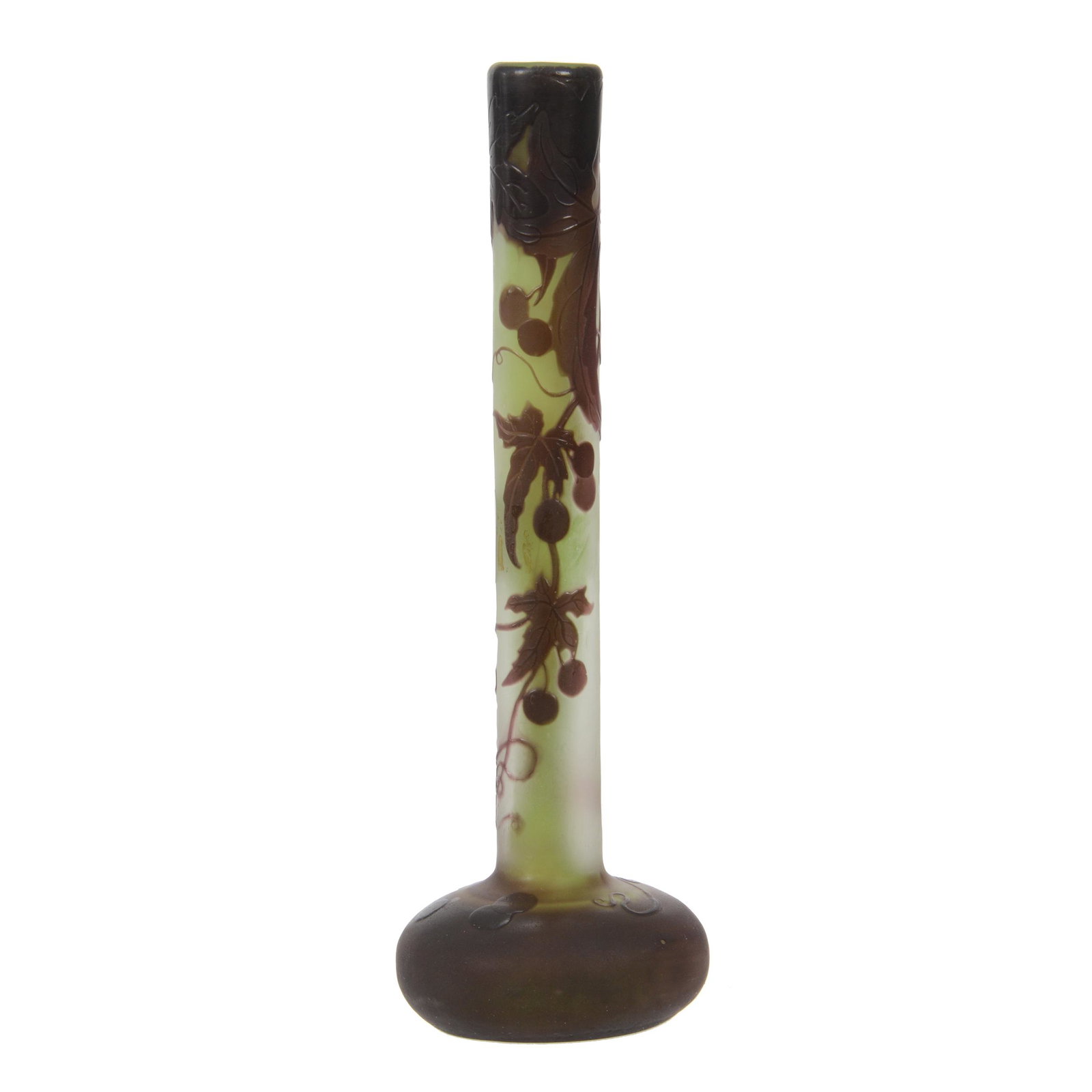 Bud Vase Signed Galle French Cameo Art Glass: Bud Vase Signed Galle French Cameo Art Glass, 7" x 2.25", Green And White Ground With Amethyst Cameo Carved Vine And Berry Decor, Collection of David Halsted, Kansas