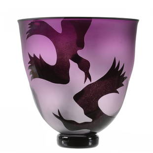 Vase By Bernard Katz, Contemporary Art Glass: Vase By Bernard Katz, Contemporary Art Glass, 11" x 10", Titled "Raven Vase", Amethyst With Raven Design Overlay, Selling With Certificate Of Authenticity Which Indicates The Vase Was Made In 2003, Pr