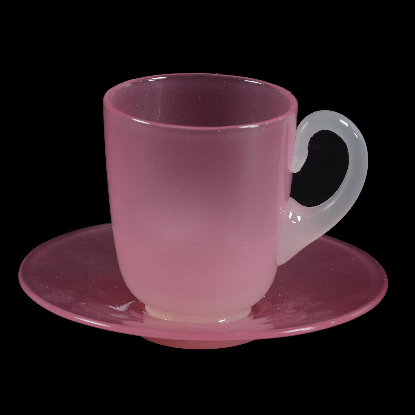 Demitasse Cup & Saucer, Unmarked Steuben Rosaline: Demitasse Cup & Saucer, Unmarked Steuben Rosaline, 2.5" x 4", Collection of David Halsted, Kansas