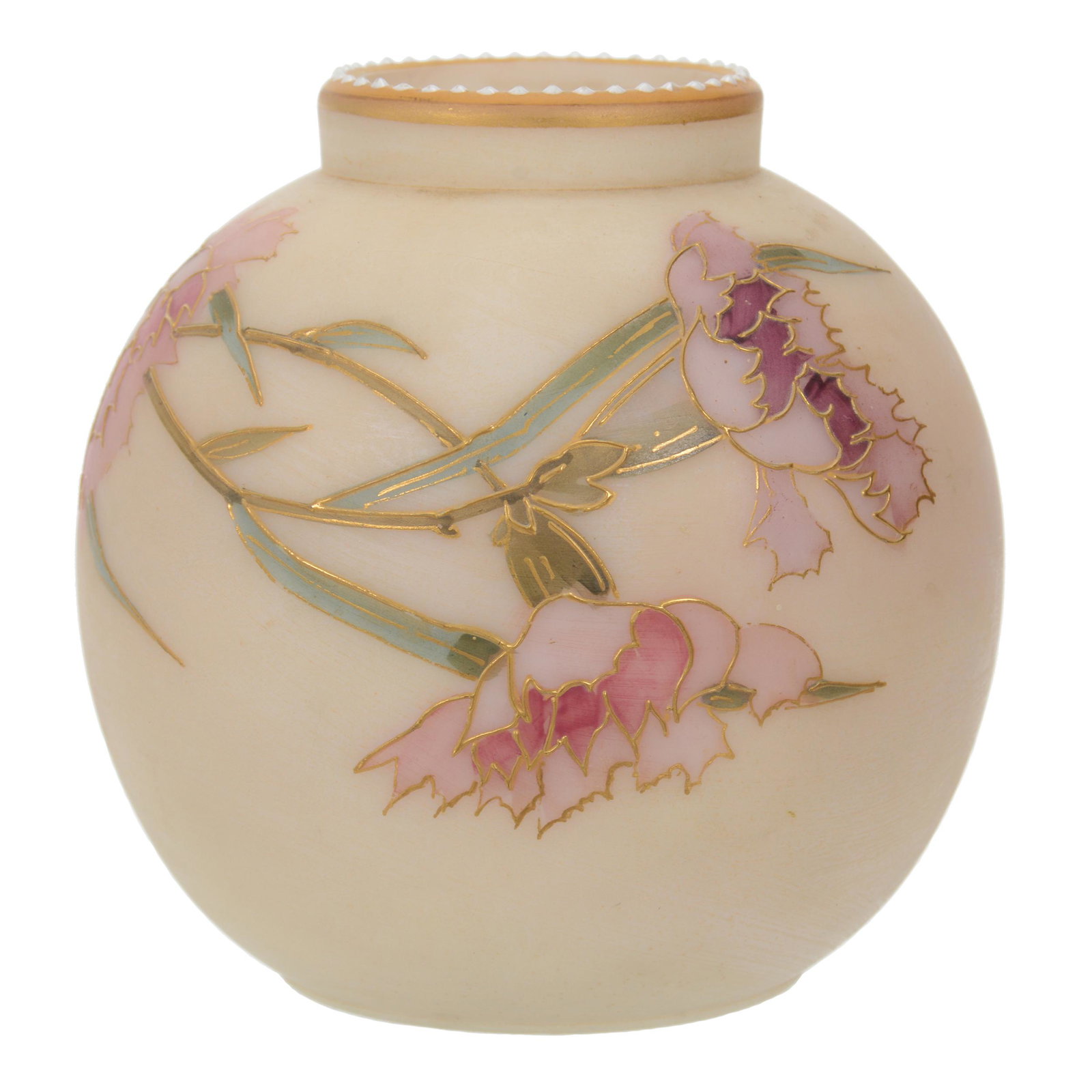 Vase Marked Smith Brothers Art Glass: Vase Marked Smith Brothers Art Glass, 4" x 4", Cream Tones With Nice Floral Decor, Enamel Beaded Rim, Two Beads Lightly Nicked, Wilson Family Collection, Illinois