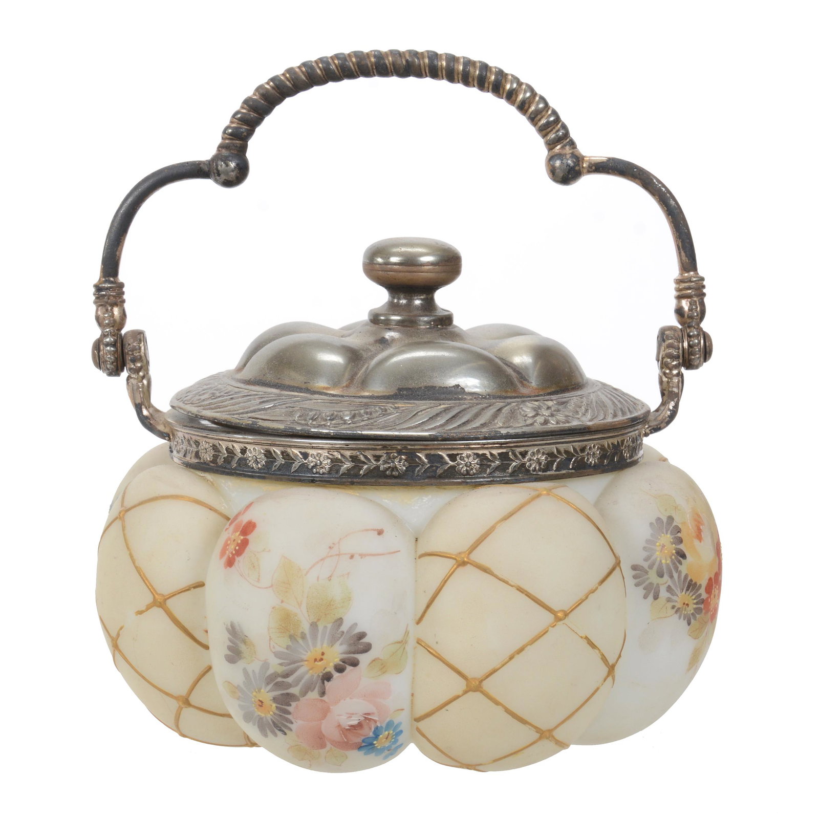 Sweetmeat Marked "Crown Milano 262" Art Glass: Sweetmeat Marked "Crown Milano 262" Art Glass, 4.25" x 5.25", Cream Tones With Colorful Floral And Gold Enamel Lattice Design, Silverplate Lid And Bail, Some Wear On Gold Lattice, Wilson Family Collec