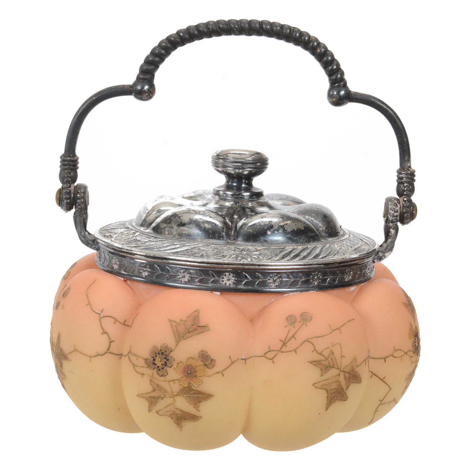 Sweetmeat Marked Crown Milano Art Glass: Sweetmeat Marked Crown Milano Art Glass, 4" x 5.25", Burmese Coloring, Melon Ribbed, Enamel Blossom And Branch Decor, Silverplate Lid And Bail, Wilson Family Collection, Illinois
