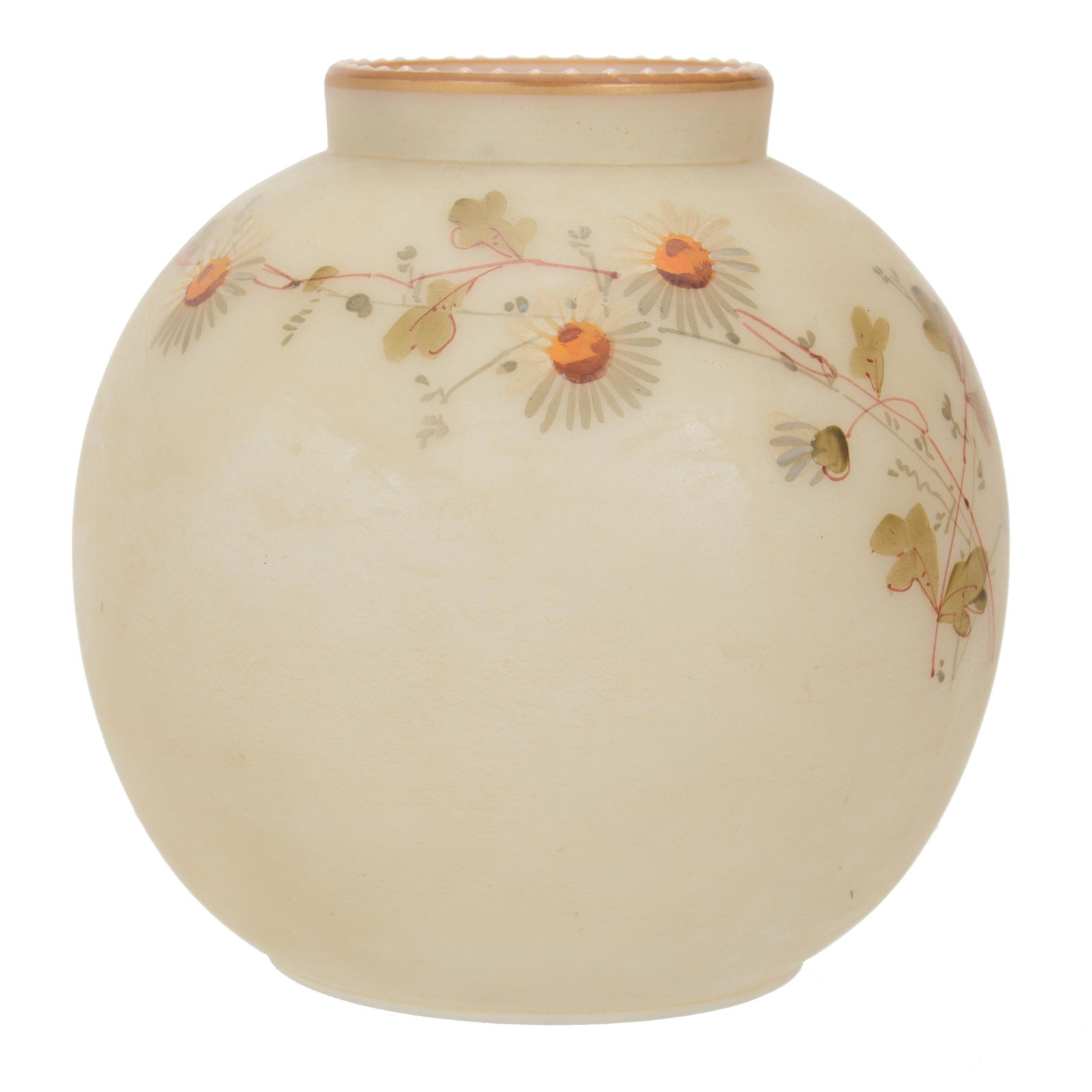 Vase Unmarked Smith Brothers Art Glass: Vase Unmarked Smith Brothers Art Glass, 4" x 4", Cream Tones With Blue Floral Decor, Enamel Beaded Rim, Wilson Family Collection, Illinois