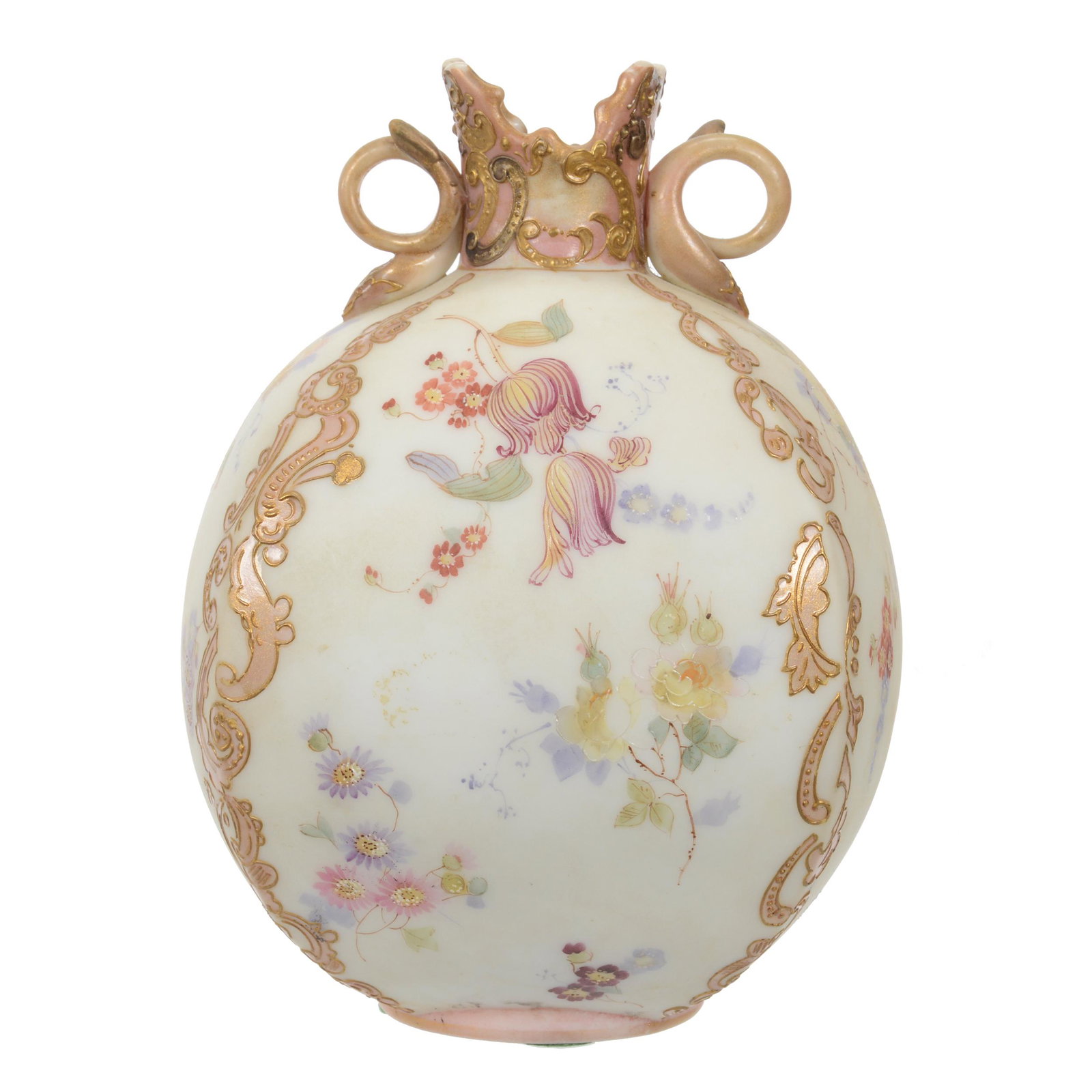 Vase Marked "Crown Milano 599" Art Glass: Vase Marked "Crown Milano 599" Art Glass, 8" x 6", Square Form, White With Colorful Floral Decor And Gold Enamel Scroll Highlights, Two Applied Handles, Tips Of Handles Have Been Repaired, Wilson Fami