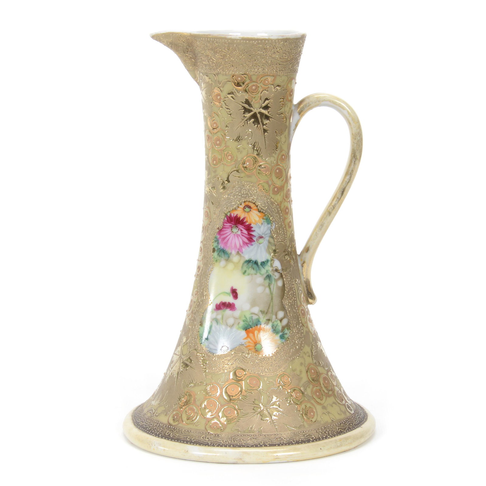 Ewer Marked Nippon: Ewer Marked Nippon, 9.75" x 6.25", Green With Heavy Gold Enamel Highlights, Colorful Floral Decor, Dr. Peter & Grace Jochimsen Collection, Iowa.