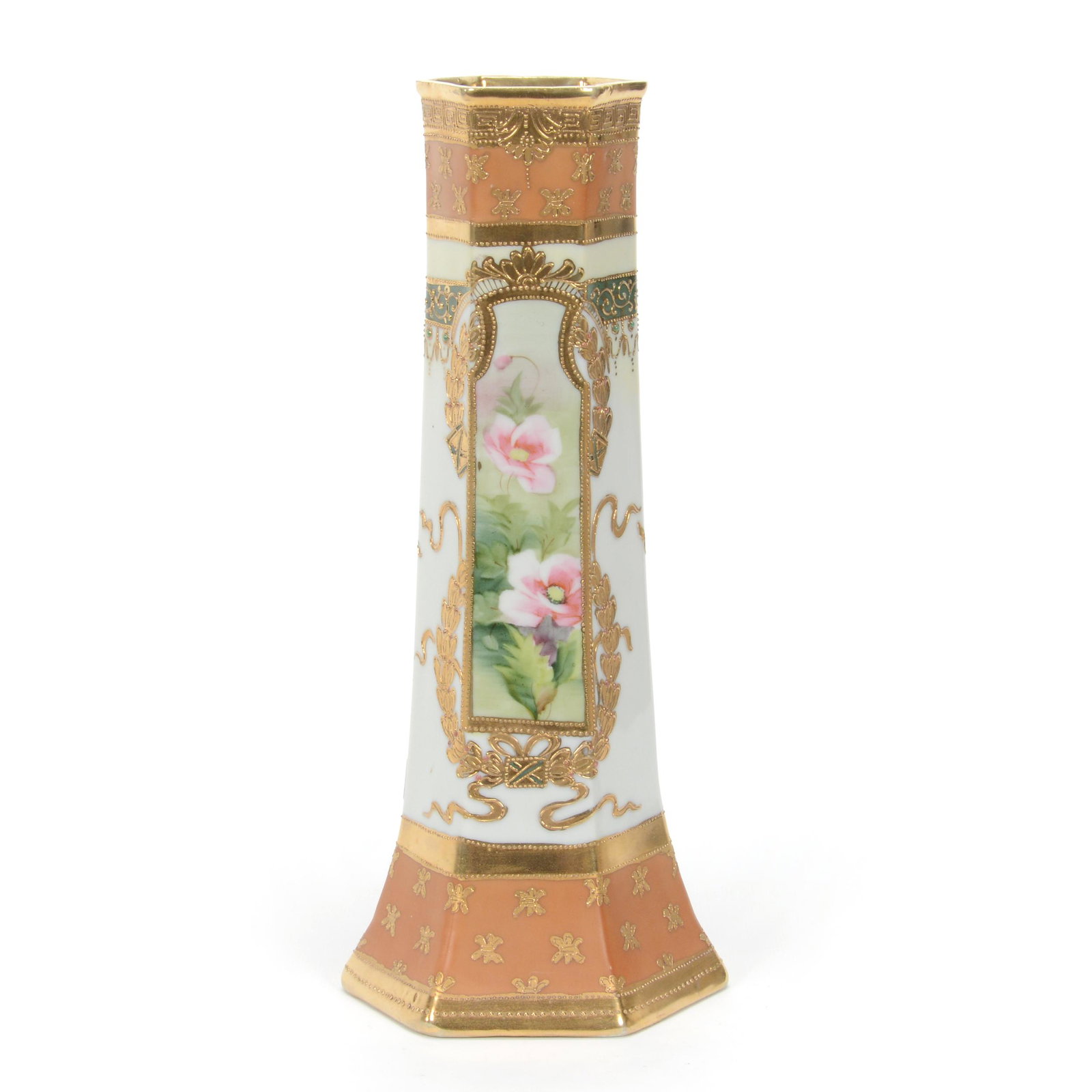 Vase, Six-Sided, Marked Nippon: Vase, Six-Sided, Marked Nippon, 12" x 5", White And Cream Tones With Floral Decor, Brown Border, Extensive Gold Enamel Highlights, Private Collection, TX.