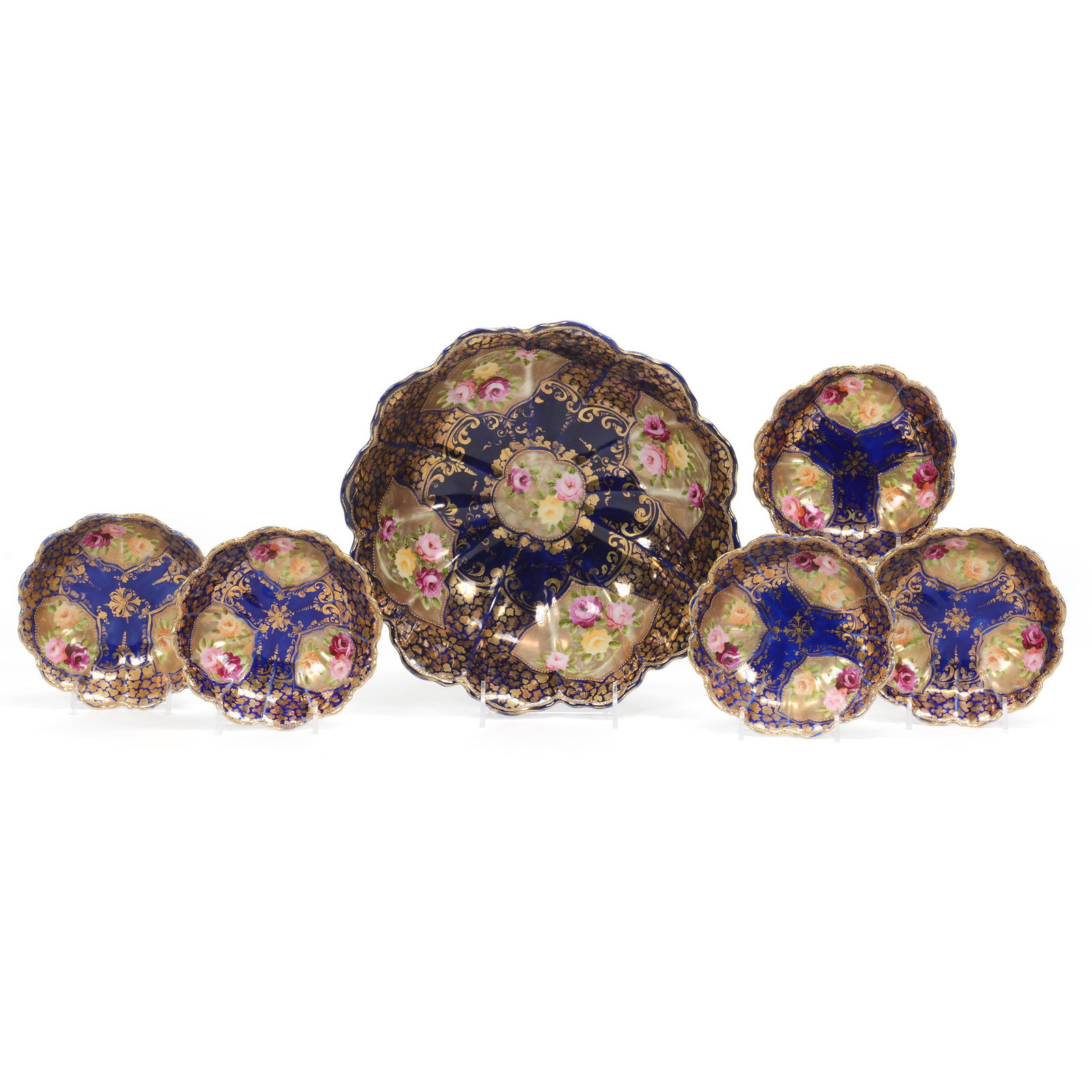 Berry Set, Unmarked Nippon, Six Piece: Berry Set, Unmarked Nippon, Six Piece, (1) 4" X 11.25" Master Bowl, Cobalt Blue With Heavy Gold And Colorful Rose Decor, (5) Matching 5.5" Berry Bowls, Private Collection, TX.
