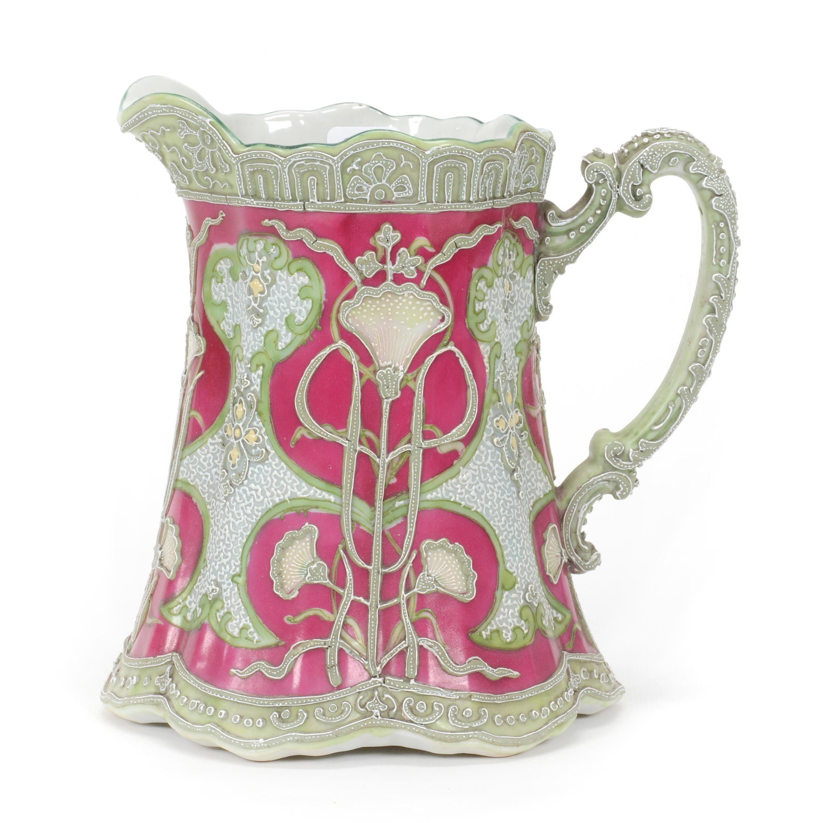 Water Pitcher Marked Oriental China Nippon: Water Pitcher Marked Oriental China Nippon, 7" x 7", Red Background With Moriaga Floral Overlay, 4" Interior Hairline, Some Rust Marks Inside Bottom, Private Collection.