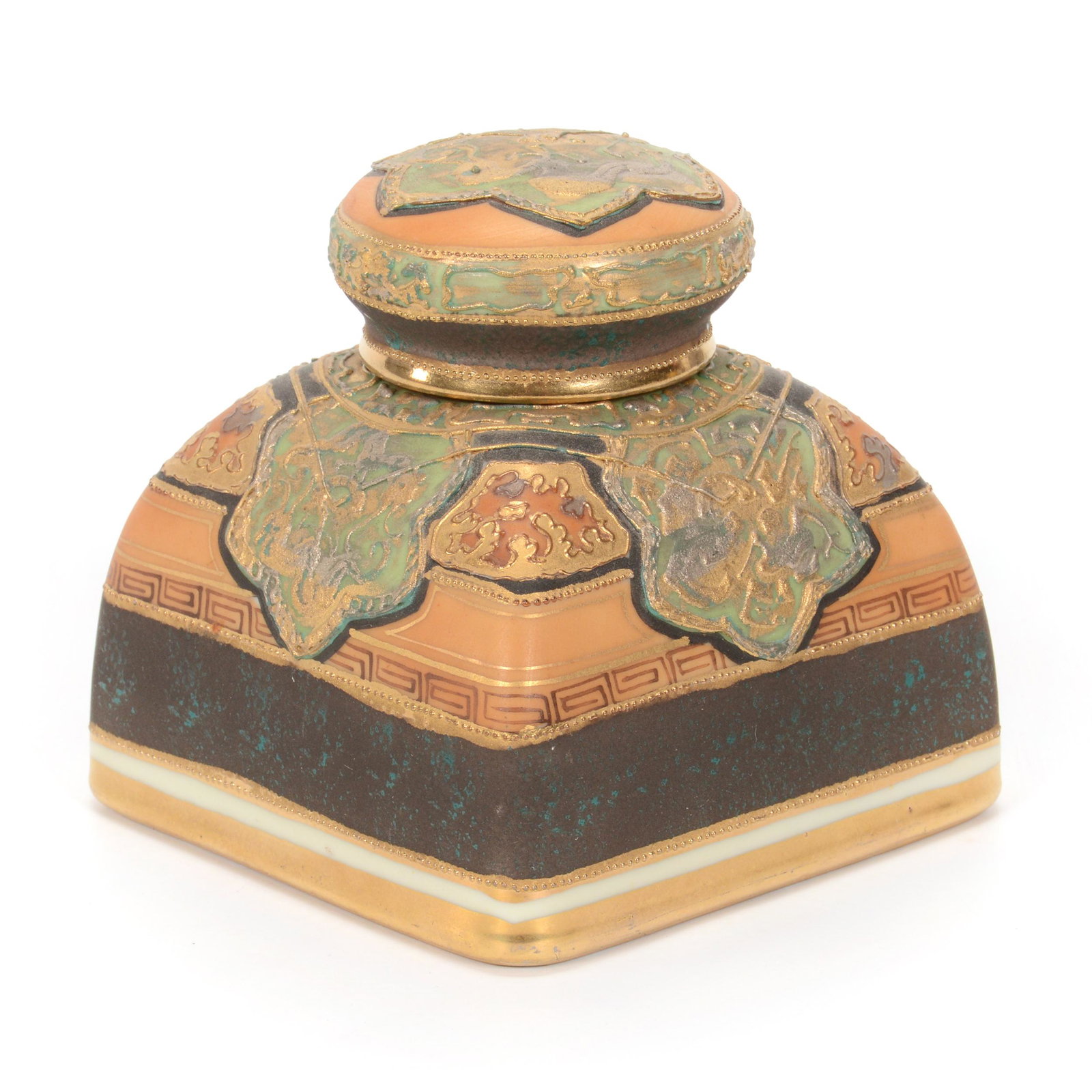 Square Inkwell Marked Nippon: Square Inkwell Marked Nippon, 3.75" x 3.75", Brown Tones With Enameled Medallion Highlights, Original Well Insert, Private Collection.
