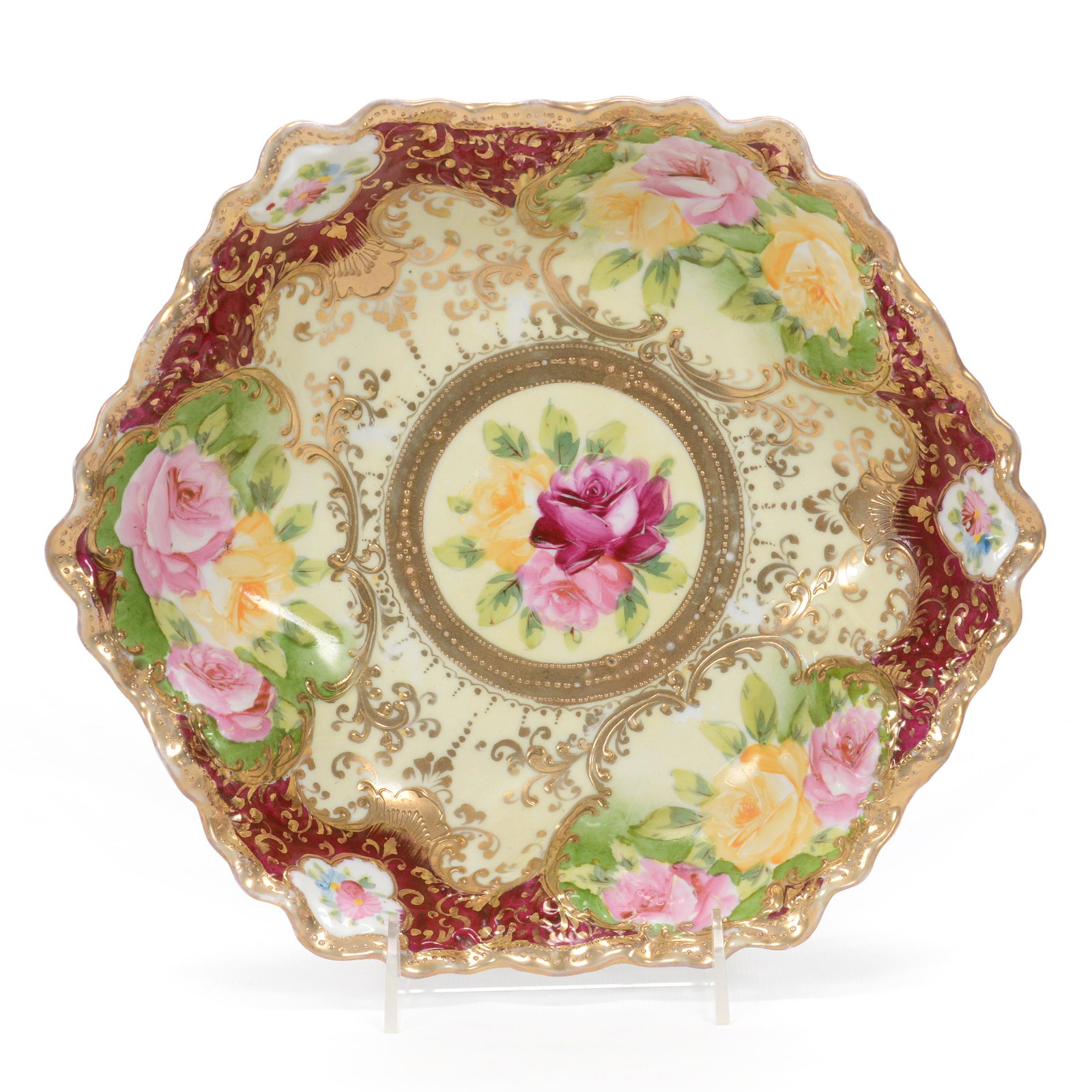 Bowl Marked Royal Kinran Nippon: Bowl Marked Royal Kinran Nippon, 2.75" x 11.25", Yellow Tones With Rose Decor, Red Border, Gold Trim Highlights, Private Collection.