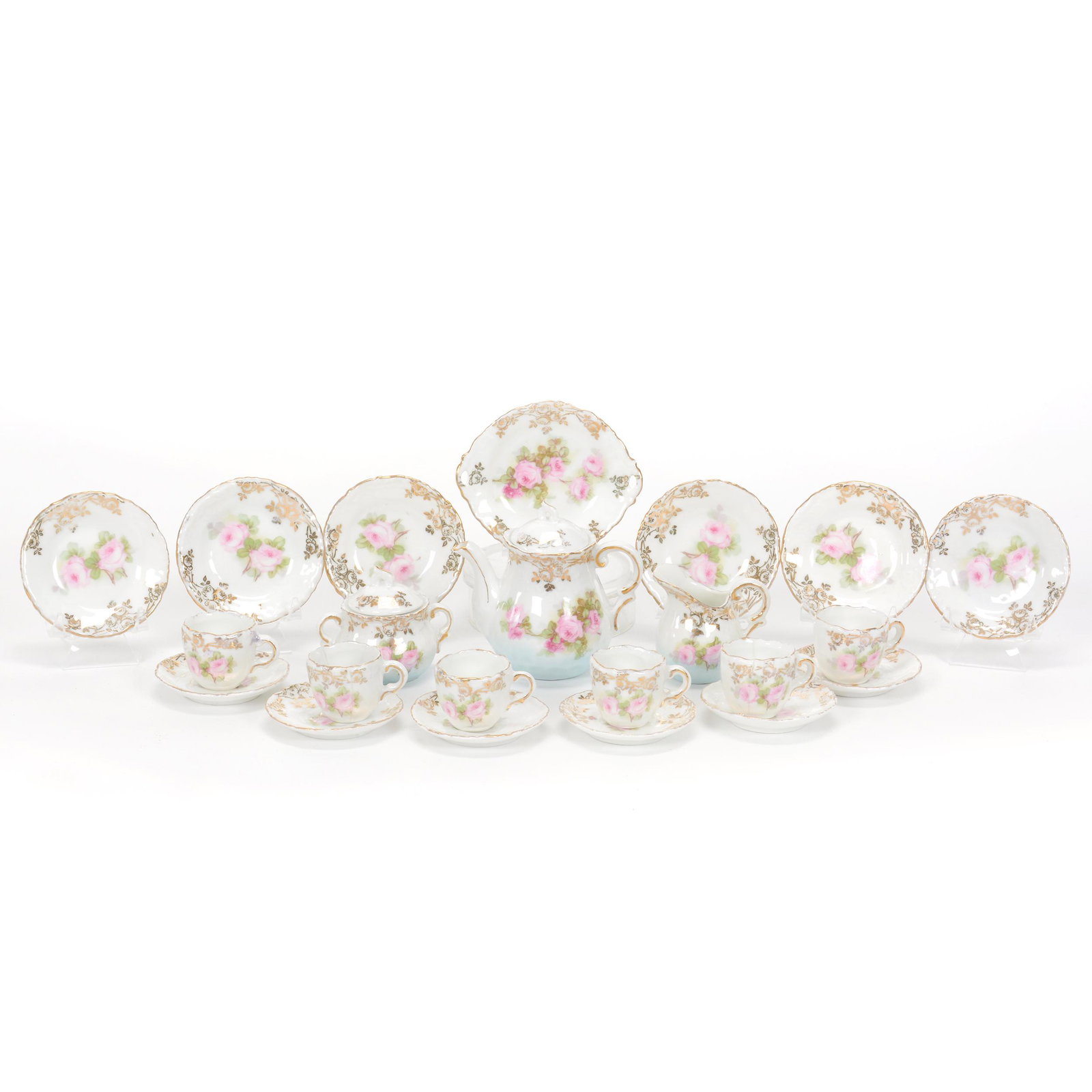Doll's Tea Set, Unmarked, (15) Piece Set: Doll's Tea Set, Unmarked, (15) Piece Set, Blue And White Tones With Pink Rose Decor, Gold Stencil Highlights, (1) 3" X 3.25" Tea Pot, Matching Creamer And Sugar, (6) 2.5" Plates, (6) Cups And Saucers,