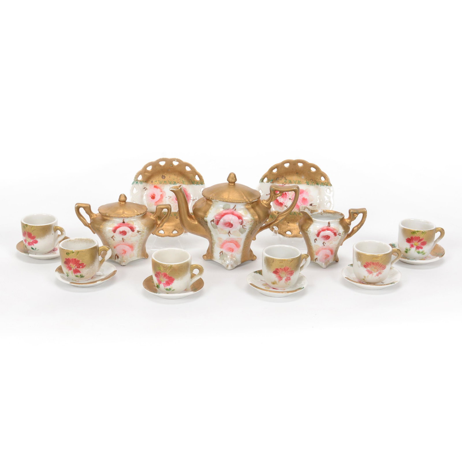 Child's Tea Set, Unmarked, (11) Piece Set: Child's Tea Set, Unmarked, (11) Piece Set, White And Gold With Pink Floral Decor, (1) 3.5" X 5" Tea Pot, Matching Creamer And Sugar, (2) 3.25" Cake Plates, (6) Cups And Saucers, Private Collection.