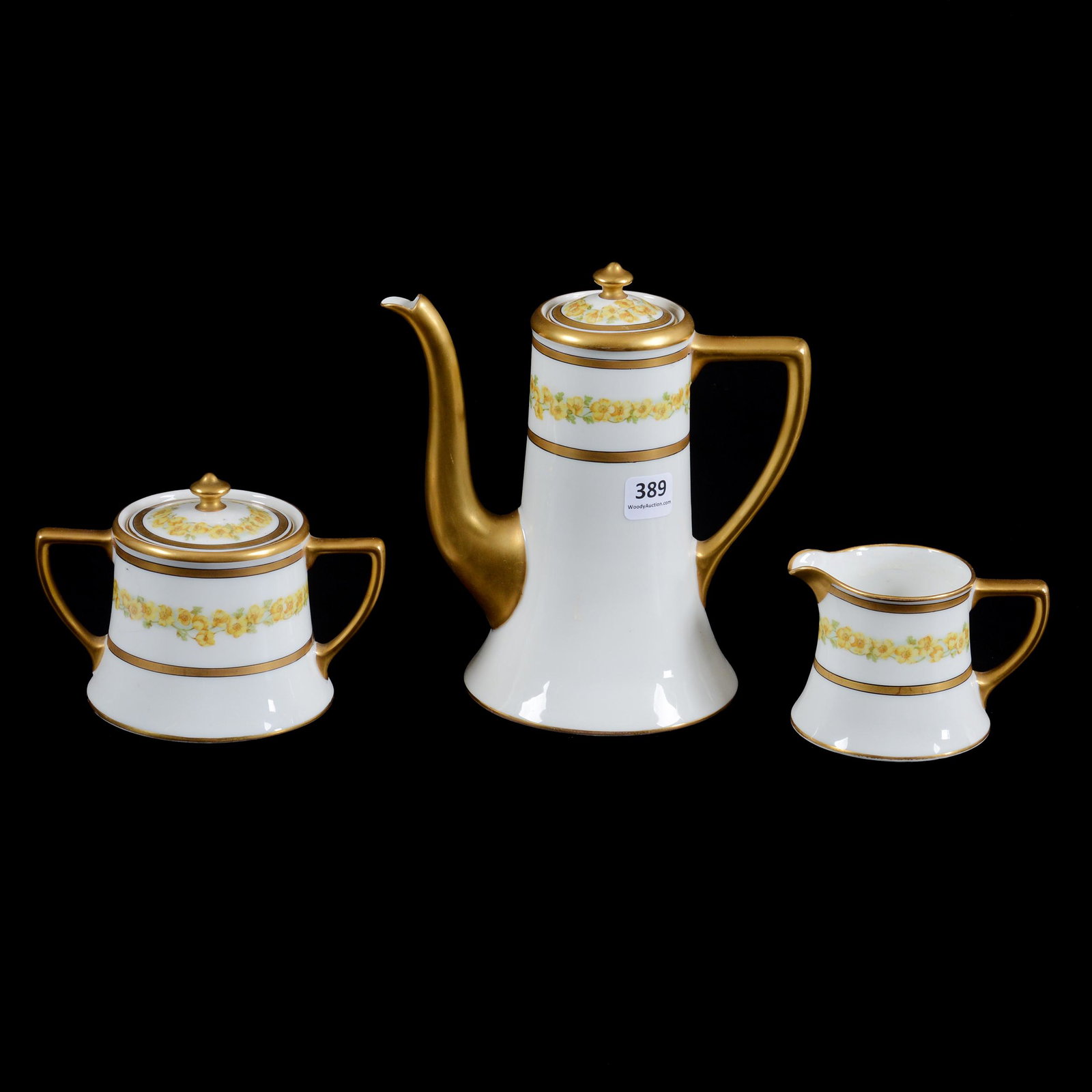 Tea Set Marked Wm Guerin & Company Limoges: Tea Set Marked Wm Guerin & Company Limoges, Three Piece Set, White With Yellow Rose Decor, Gold Trim Highlights, (1) 7" X 6.75" Tea Pot, Matching Creamer And Sugar, Private Collection, TX.