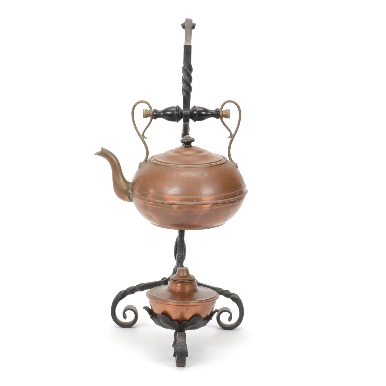 Cast Iron Tea Pot Stand, Bradley & Hubbard, Ca 1890: Cast Iron Tea Pot Stand, Bradley & Hubbard, Ca 1890, 19.25" x 9.5", Scroll Design With Words "O'Clock" And "Tea" Worked Into Design, Original Copper Tea Kettle And Burner, Private Collection.