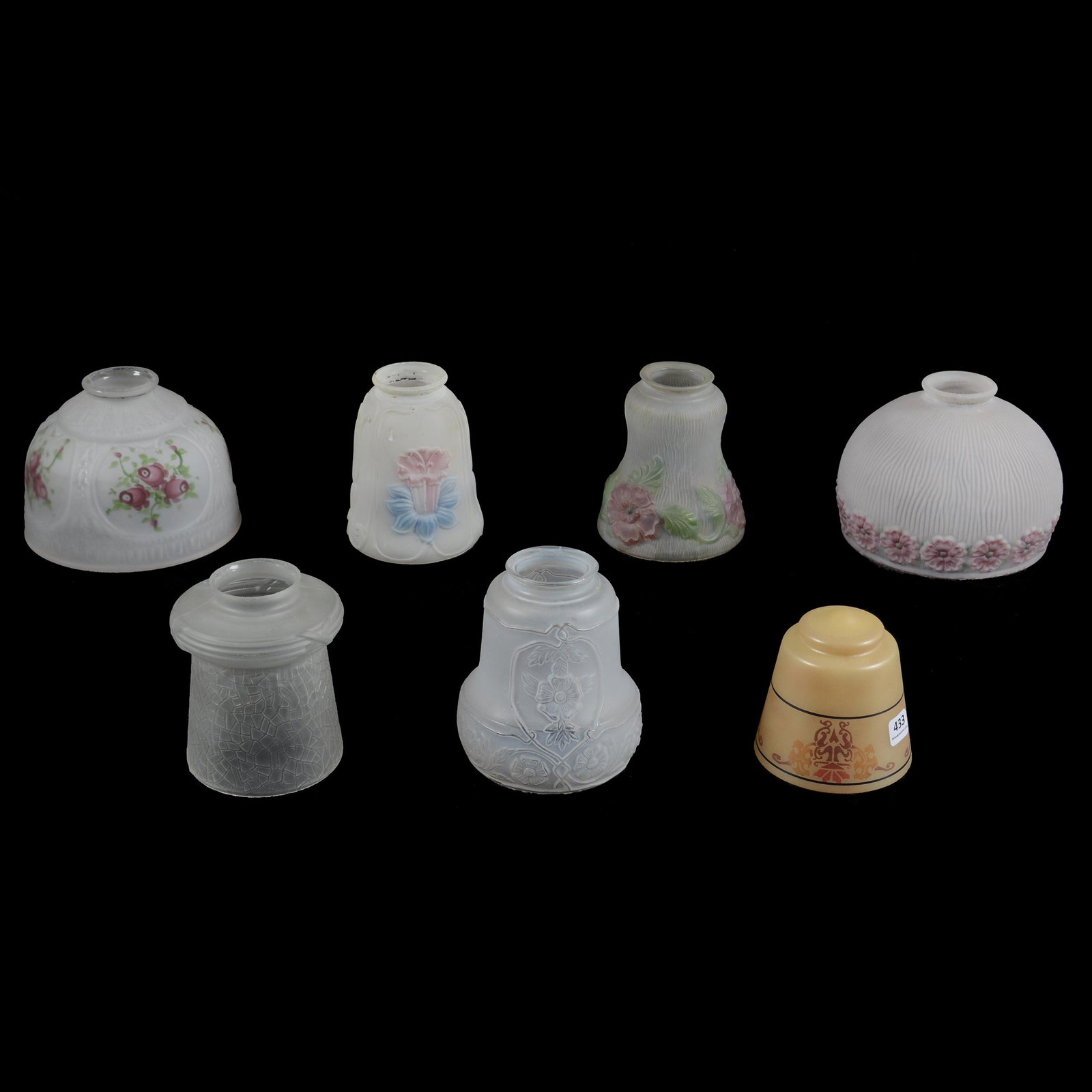 (7) Assorted Art Glass Light Shades: (7) Assorted Art Glass Light Shades, Various Sizes And Designs, Six With Fitter Rings All Of Which Are 2.25" In Diameter, One Shade Clips Over Light Bulb, See Photos For Details, Private Collection.