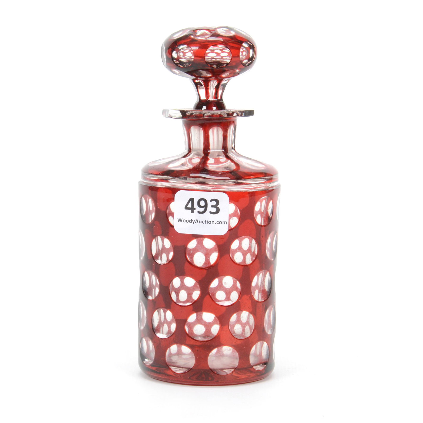 Cologne Bottle, American, Ruby Overlay: Cologne Bottle, American, Ruby Overlay, 5.75" x 2.25", Thousand Eye Design, Pattern Matched Stopper, Ray Cut Base, Highly Fluorescent Under Black Light, David Haines Collection, TN.