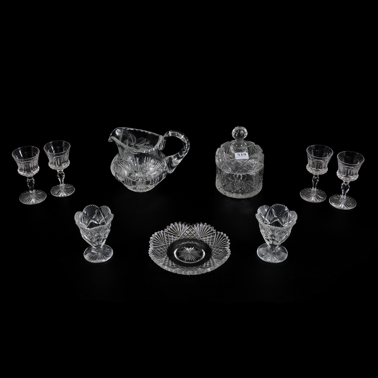 (9) Assorted American Brilliant Cut Glass Items: (9) Assorted American Brilliant Cut Glass Items, (1) 4.5" X 3.25" Covered Jar, Crosscut Diamond, Strawberry Diamond And Fan Motif, (4) 3.5" Cordials, (2) 2.75" Toothpick Holders, Star And Fan Motif, (