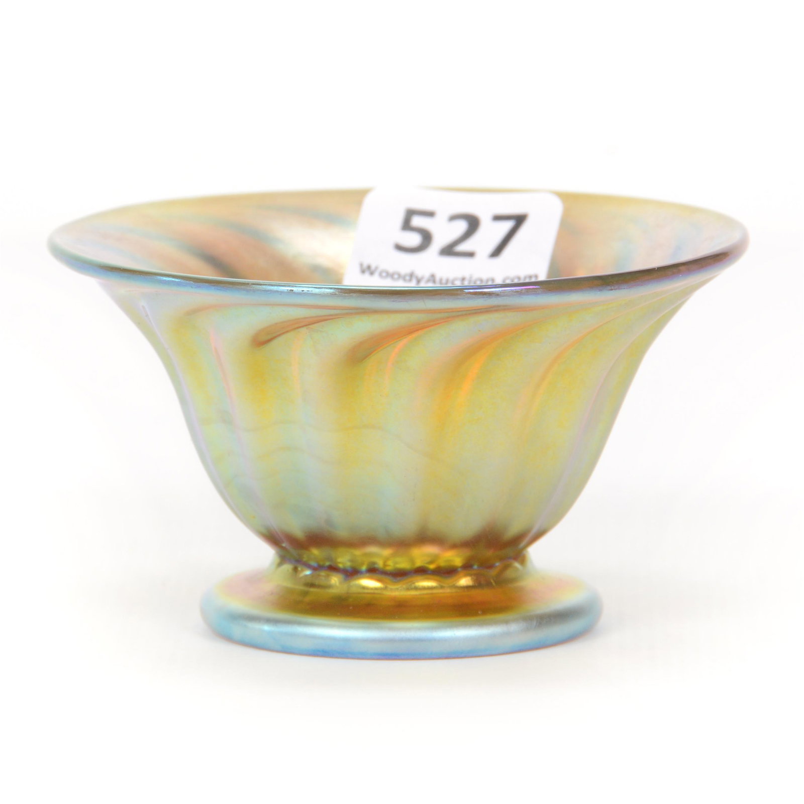 Salt Cellar, Contemporary Art Glass Lundberg Studios: Salt Cellar, Contemporary Art Glass Lundberg Studios, 1.75" x 3", Gold Iridescent Ribbed Swirl Design, Signed "LS", Dated 1991, Private Collection, TX.