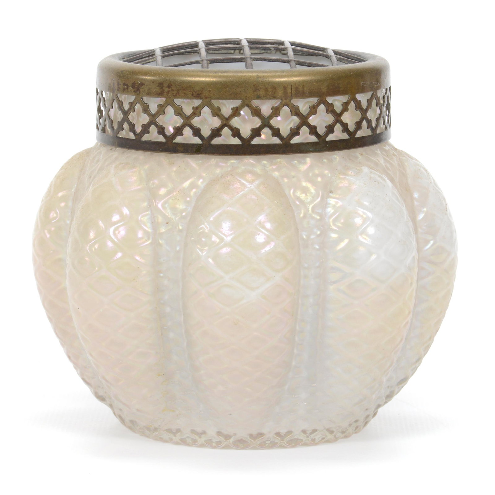 Vase, Unmarked Kralik Art Glass: Vase, Unmarked Kralik Art Glass, 4.5" x 5", Pearlescent Cut Velvet Diamond Quilted Design, Gilt Metal Flower Frog Top, Private Collection, TX.