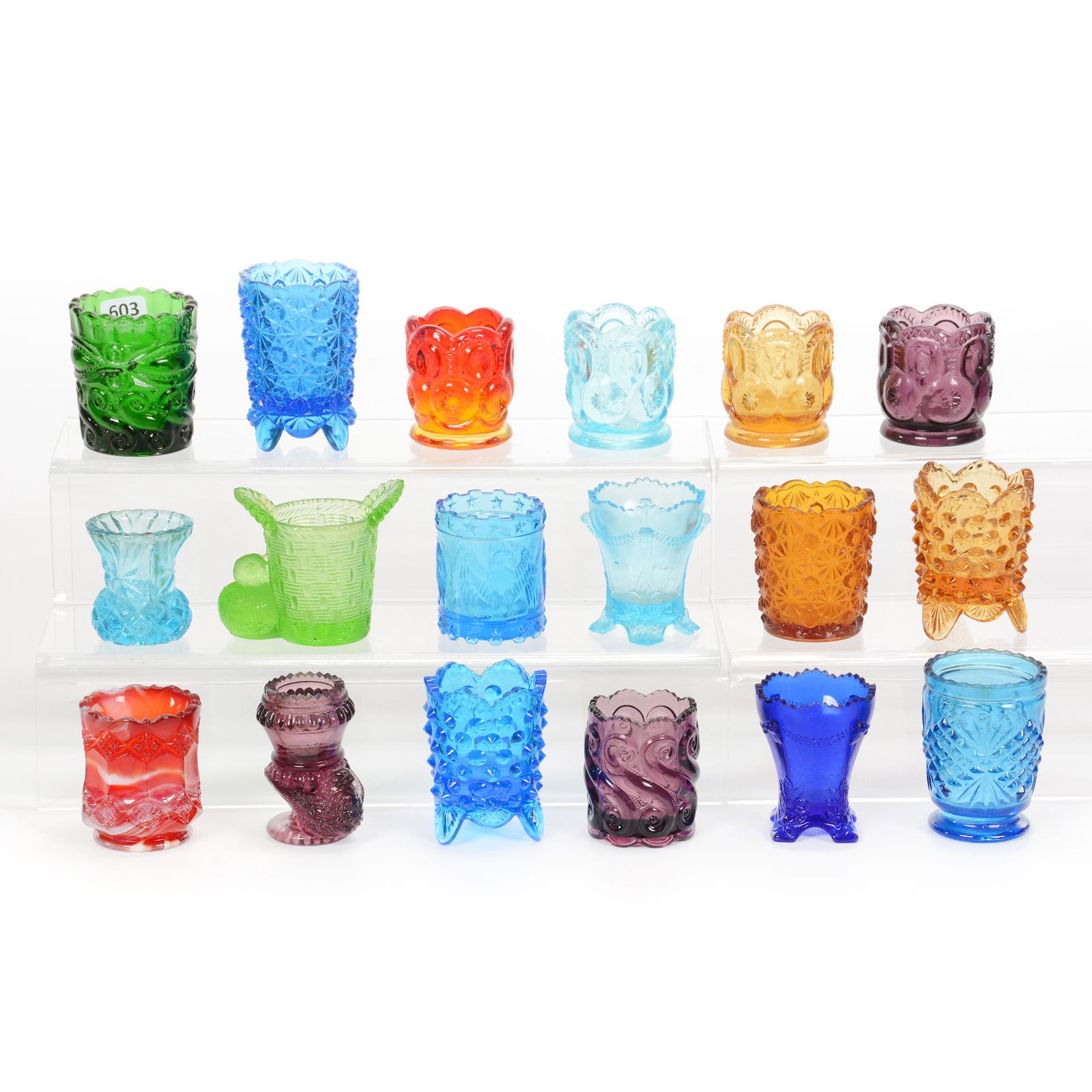 (18) Modern/Reproduction Toothpick Holders: (18) Modern/Reproduction Toothpick Holders, Assorted Patterns And Colors Including S-Repeat, Button And Daisy, Hobnail, Chick In Basket And More, See Photos For Details, Large Emerald Green Toothpick