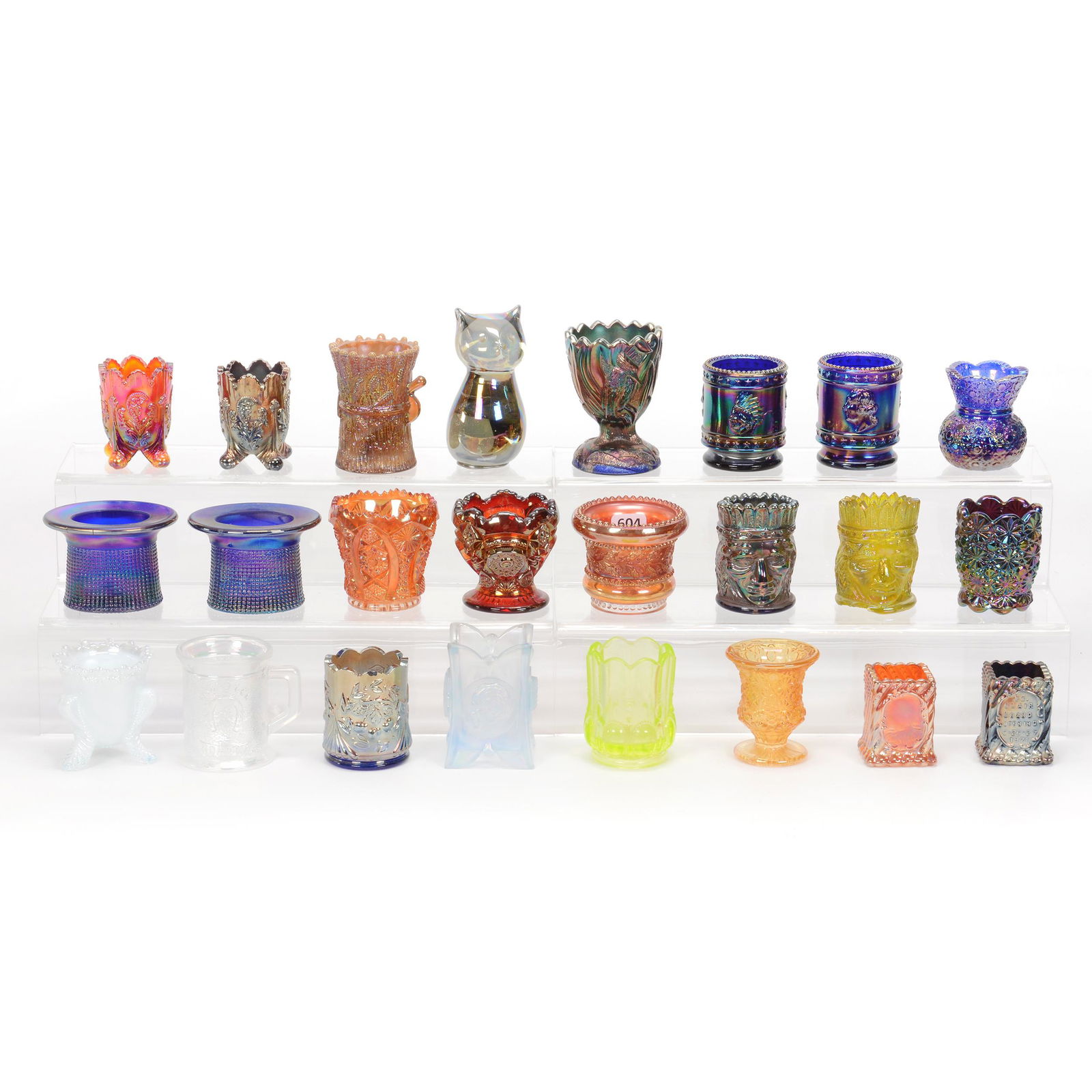 (24) Contemporary Carnival Glass Toothpick Holders: (24) Contemporary Carnival Glass Toothpick Holders, Assorted Patterns Including Holly, Inverted Fan And Feather, Octagon, And Many More, See Photos For Details, Ice Green Indian Has Large Base Chip, C