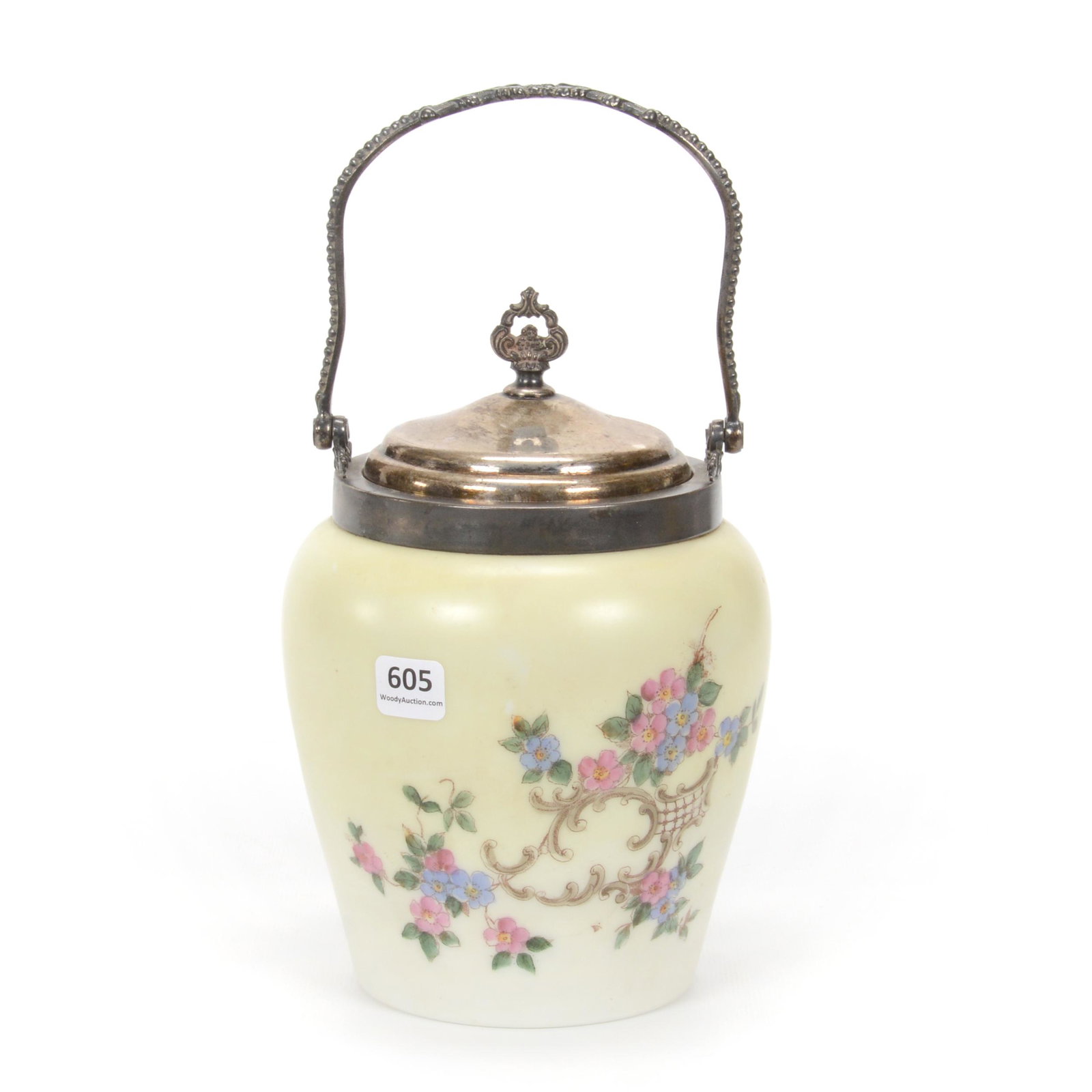 Biscuit Jar, Opal Ware, Floral Decor: Biscuit Jar, Opal Ware, Floral Decor, 8.25" x 5.5", Yellow Tones, Silverplate Lid And Bail, Private Collection, TX.