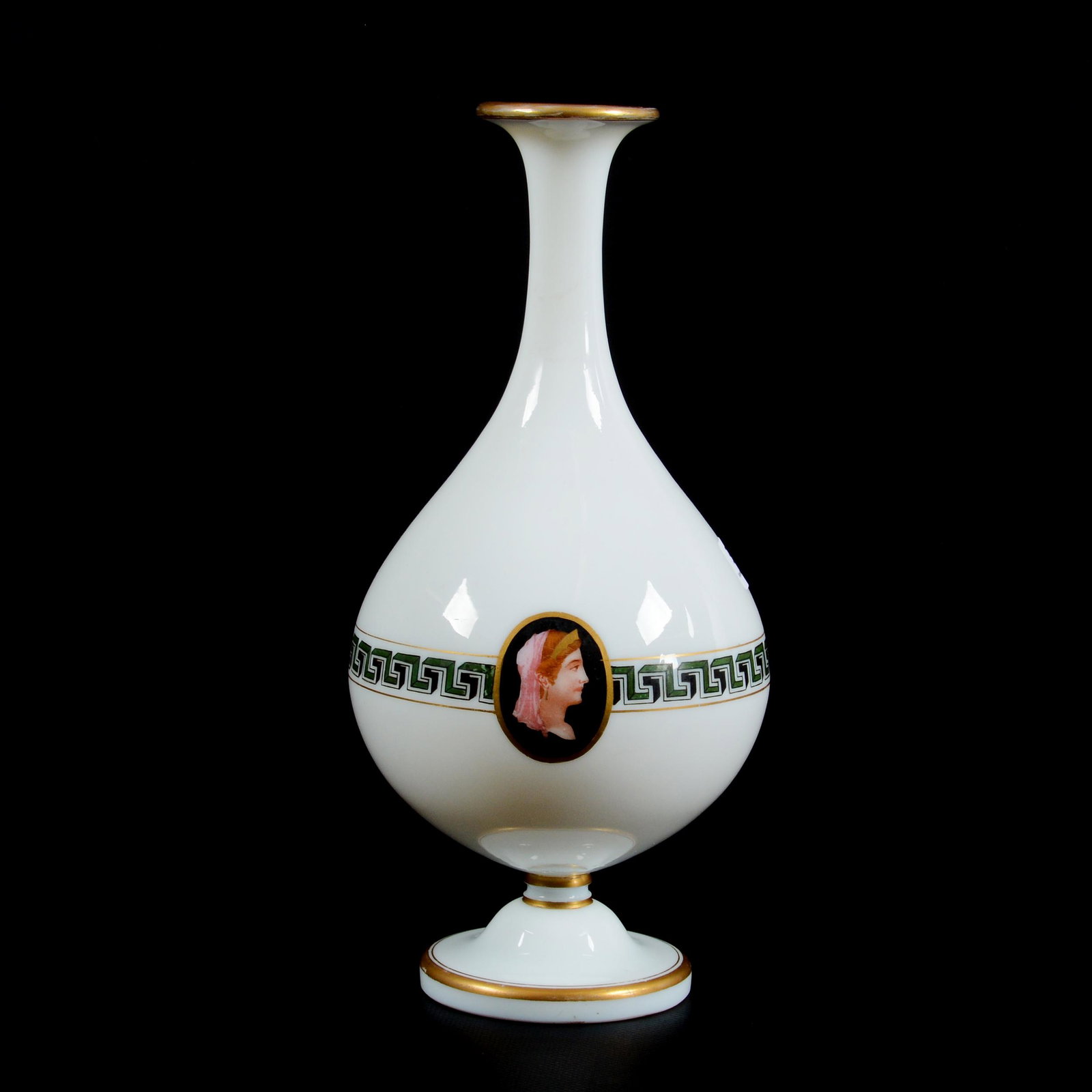 Pedestal Vase, White Opaline Art Glass: Pedestal Vase, White Opaline Art Glass, 11" x 5", Medallion Portrait And Greek Key Design, Don Henson Estate, Michigan. This auction begins the dispersal of a collection of over 1,800 items selling ov