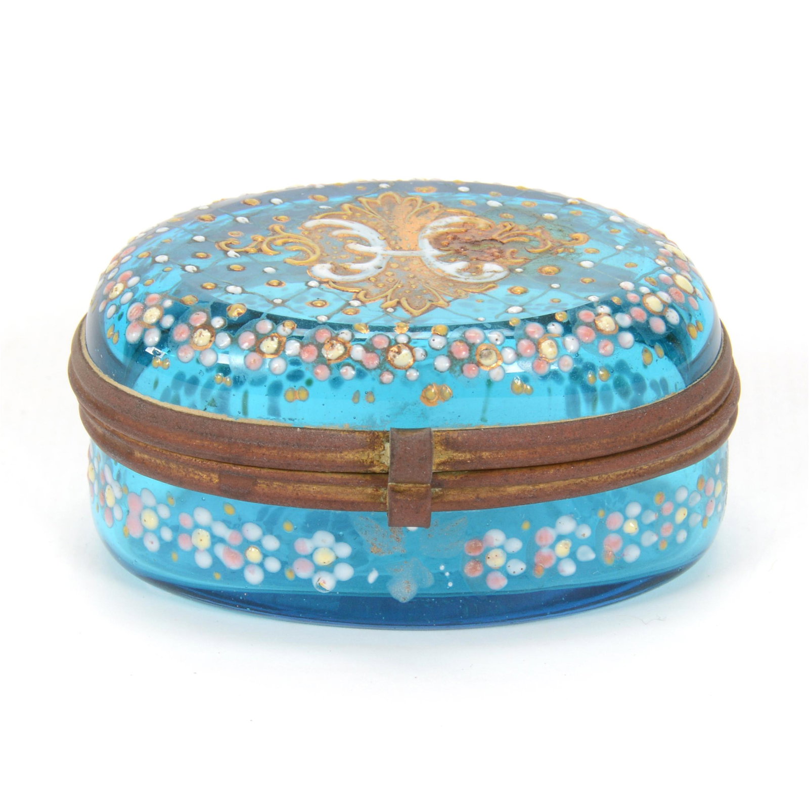 Pill Box, Solid Blue Art Glass, Decorated (1 of 3)