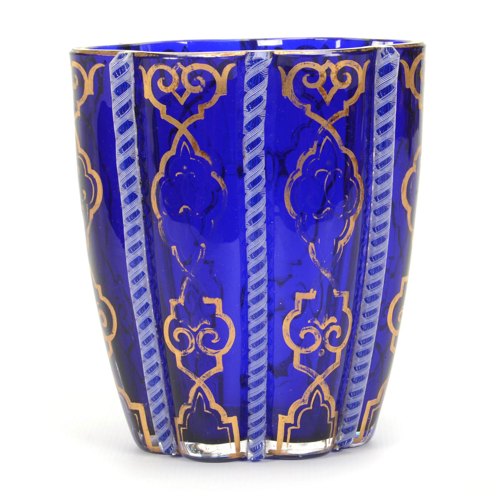 Vase, Cobalt Blue Art Glass, Melon Ribbed, Decorated (1 of 3)