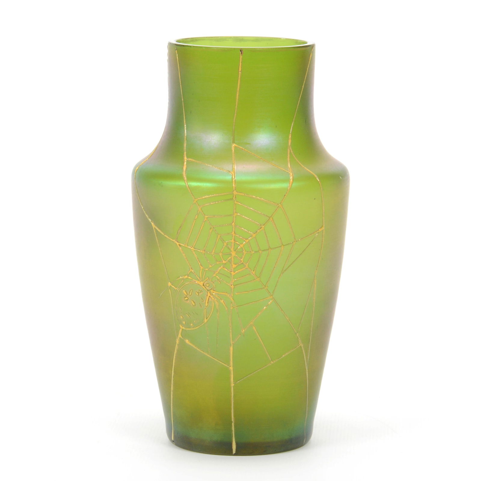 Vase, Iridescent Green Art Glass, Decorated (1 of 3)