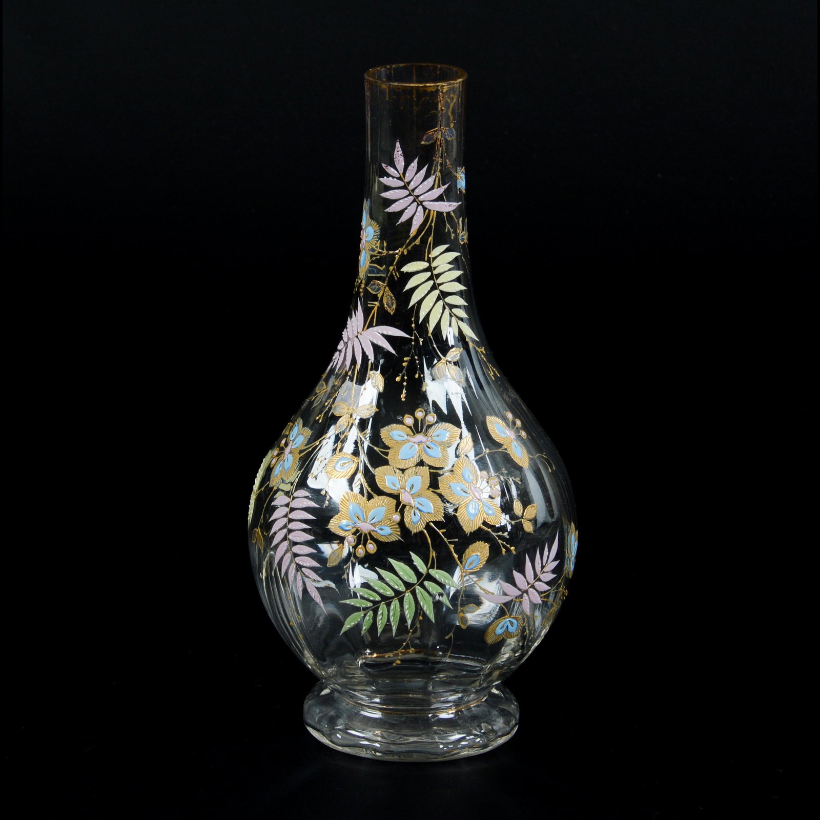 Vase, Clear Crystal Art Glass, Optic Ribbed: Vase, Clear Crystal Art Glass, Optic Ribbed, 10.5" x 4.75", Colorful Pastel Enamel Floral Branch Decor, Nice Quality, Don Henson Estate, Michigan. This auction begins the dispersal of a collection of 