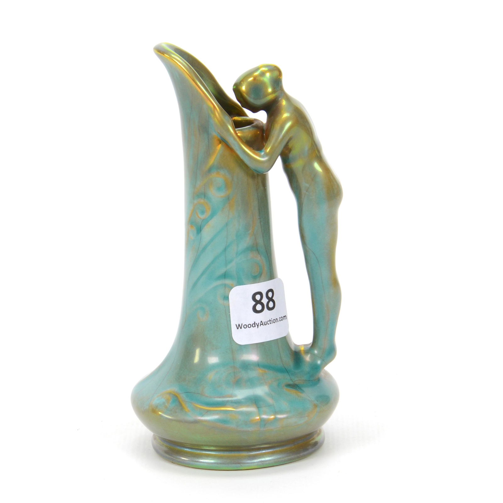 Ewer Marked Zsolnay Art Pottery: Ewer Marked Zsolnay Art Pottery, 5" x 2.5", Figural Nude Handle, Highly Iridescent Green, Don Henson Estate, Michigan. This auction begins the dispersal of a collection of over 1,800 items selling ove