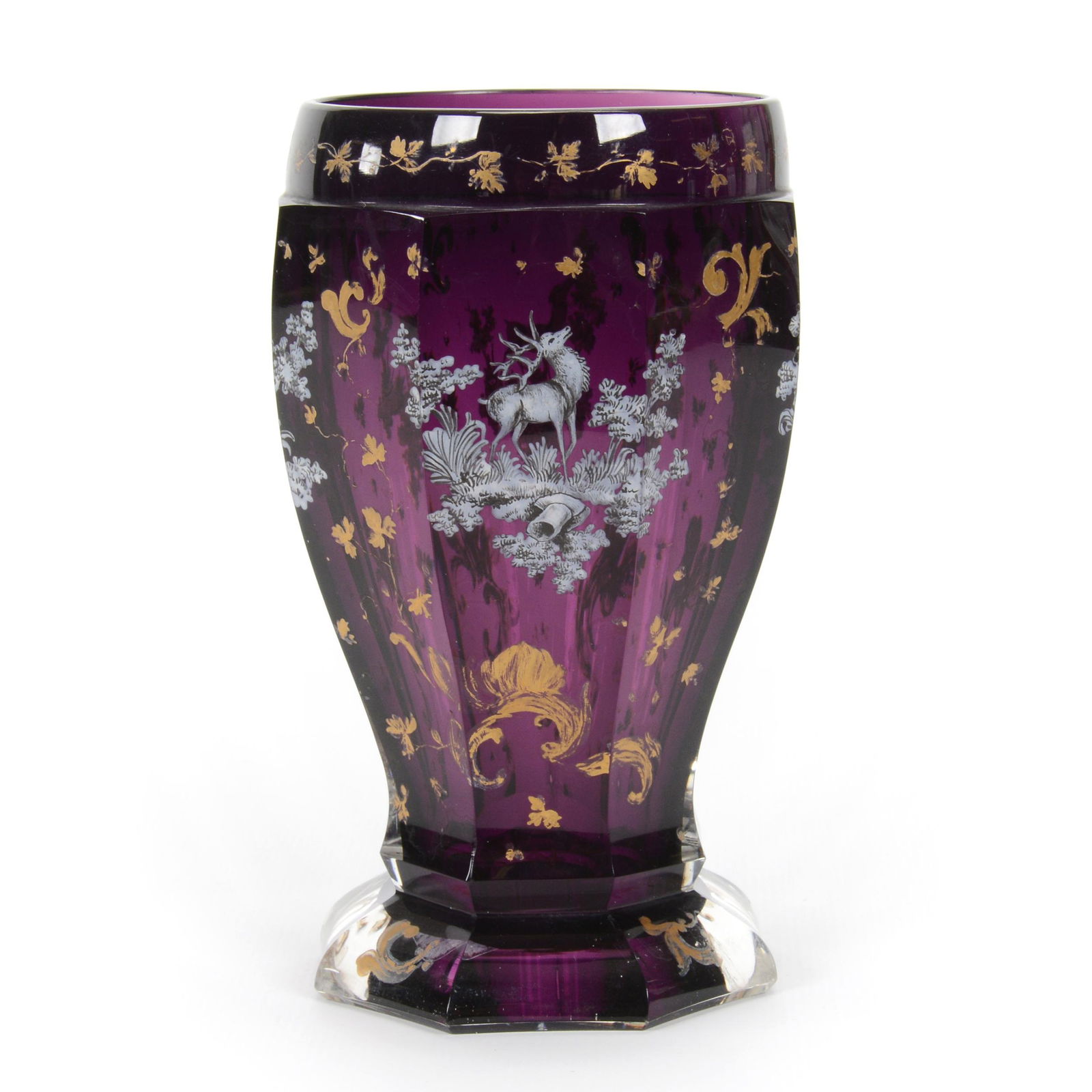 Beaker, Amethyst Cased Bohemian Art Glass: Beaker, Amethyst Cased Bohemian Art Glass, 5.25" x 3", Panel Cut, White And Black Enamel Deer And Hunting Dog Decor, Gold Stencil Highlights, Don Henson Estate, Michigan. This auction begins the dispe