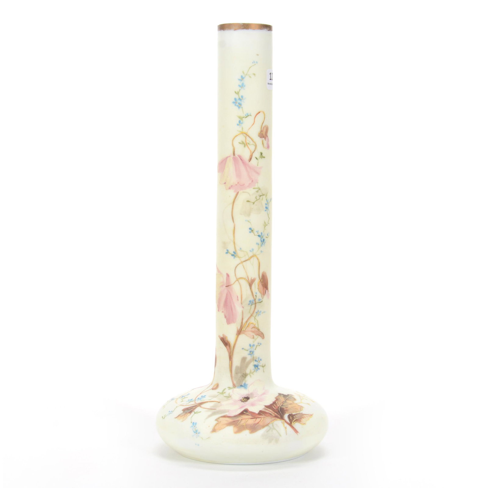 Vase, White Opaline, Yellow Background: Vase, White Opaline, Yellow Background, 14.5" x 5.75", Pink Poppy Decor, Unmarked, Don Henson Estate, Michigan. This auction begins the dispersal of a collection of over 1,800 items selling over a tot