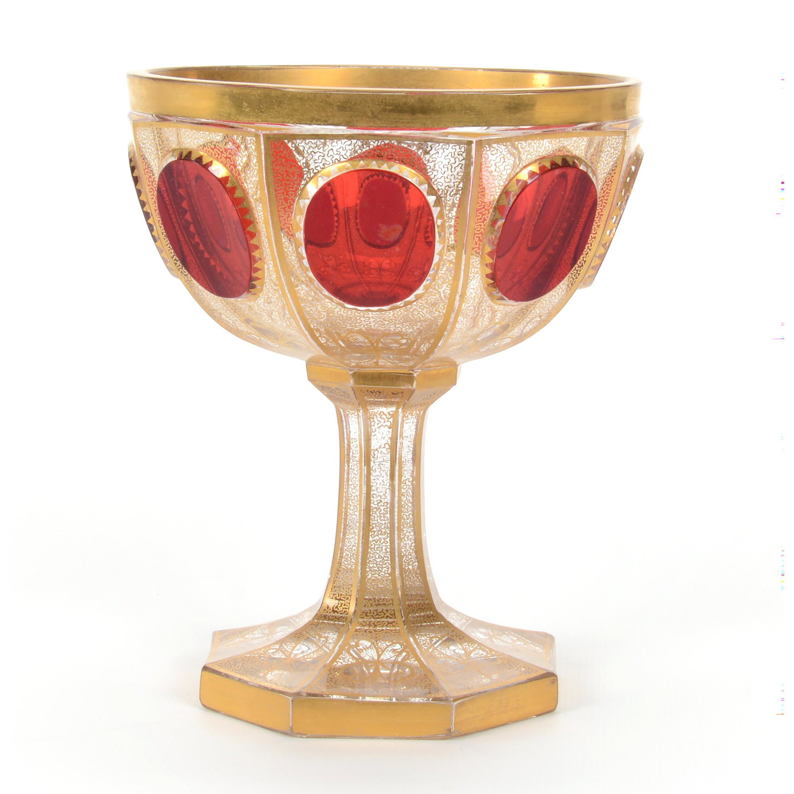 Goblet, Clear Bohemian Art Glass,: Goblet, Clear Bohemian Art Glass, 5.75" X 4.75", Red Flashed Medallions, Extensive Gold Stencil Design, Eight-Sided Foot, Very Nice, Don Henson Estate, Michigan. This auction begins the dispersal of a