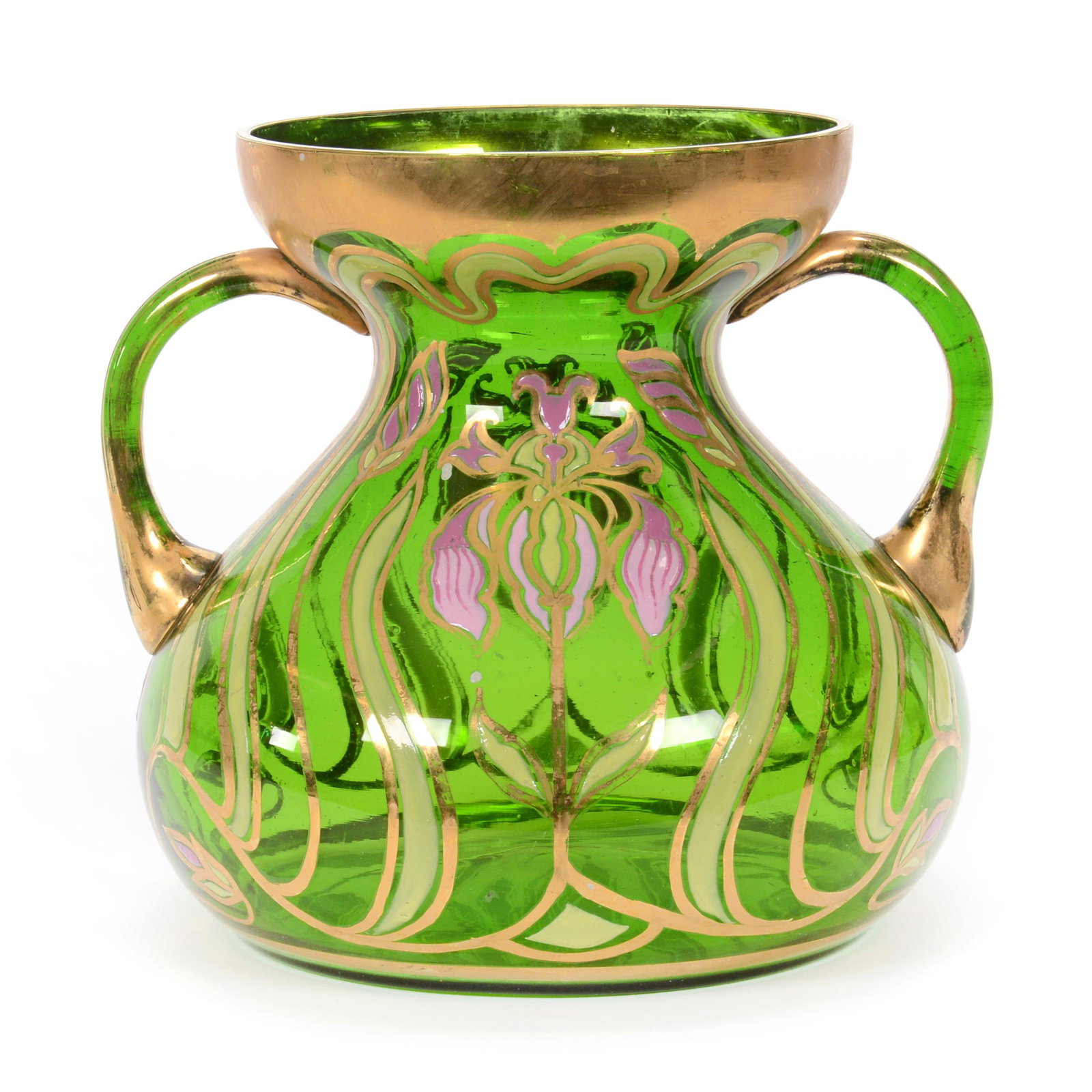 Vase, Green Bohemian Art Glass: Vase, Green Bohemian Art Glass, 6.5" x 7", Art Nouveau Enameled Floral Decor, Gold Trim Highlights, Two Handles, Don Henson Estate, Michigan. This auction begins the dispersal of a collection of over