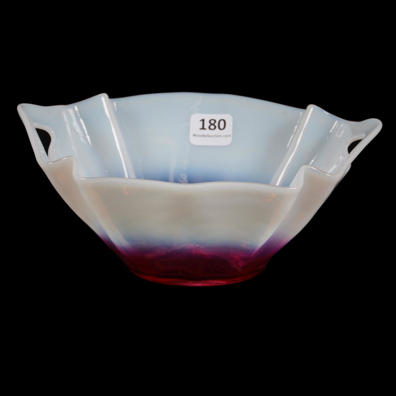Bowl, Cranberry Opal Kralik "Punched" Art Glass: Bowl, Cranberry Opal Kralik "Punched" Art Glass, 3" x 7", Nice Color, Don Henson Estate, Michigan. This auction begins the dispersal of a collection of over 1,800 items selling over a total of three c