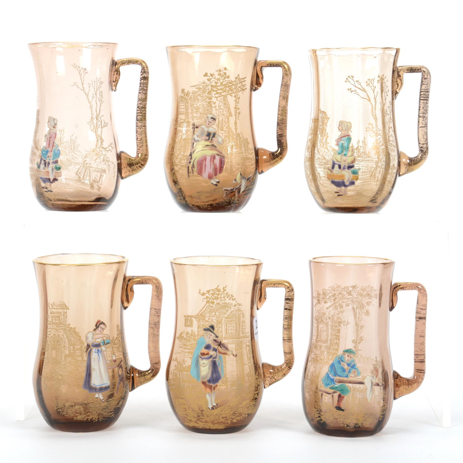 (6) Mugs, Amber Bohemian Art Glass By Rossler: (6) Mugs, Amber Bohemian Art Glass By Rossler, 5" x 3.75", Various Heavily Enameled Scenes, Nice Set, Don Henson Estate, Michigan. This auction begins the dispersal of a collection of over 1,800 items