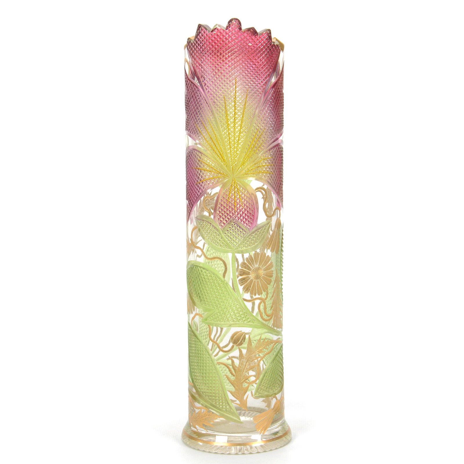 Cylinder Vase, Clear Crystal, Cut And Engraved: Cylinder Vase, Clear Crystal, Cut And Engraved, 12.75" x 3", Floral Decor, Green, Yellow And Amethyst Flashed Highlights, Very Unusual, Extra Nice, Ground Tooth Chip, Don Henson Estate, Michigan. This