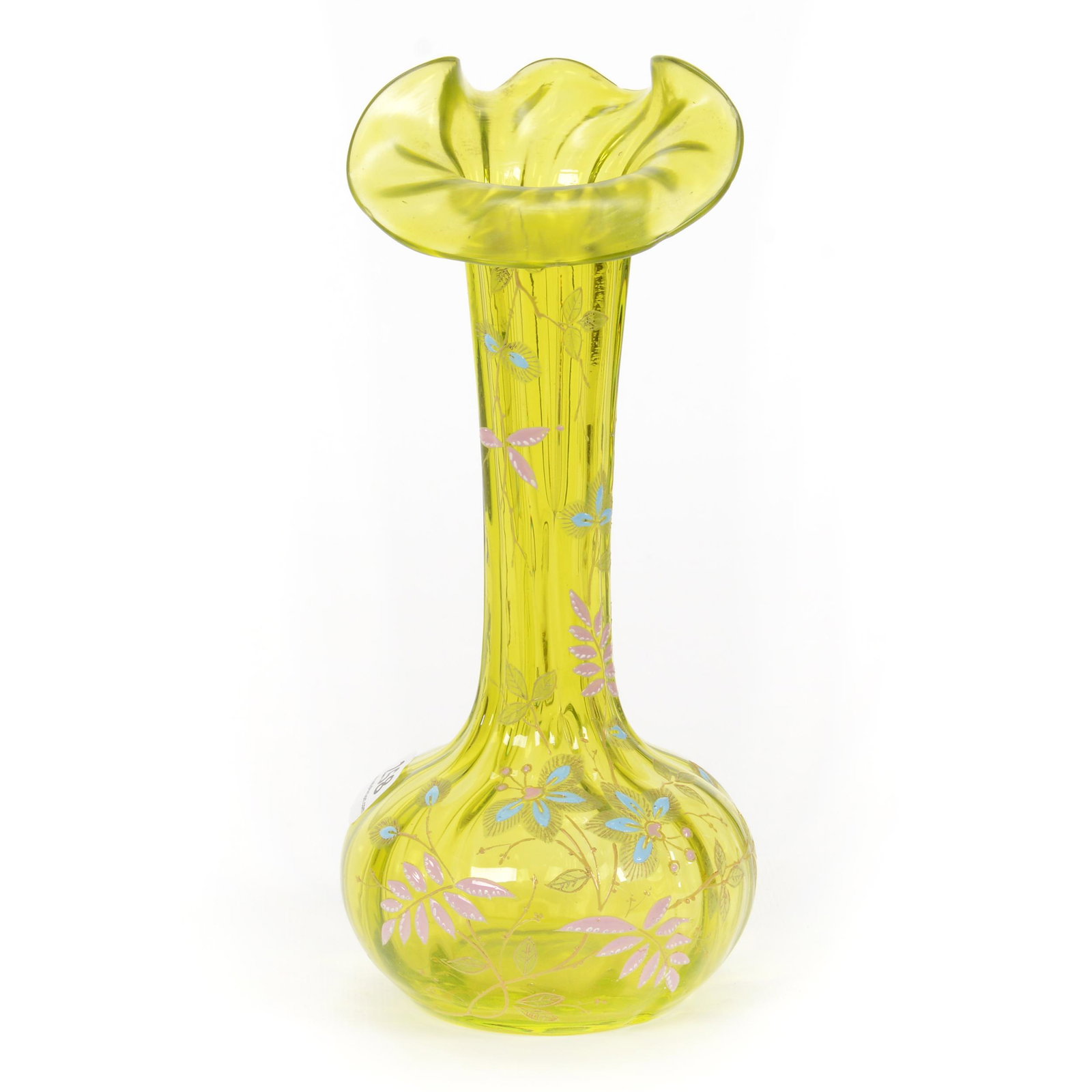 Vase, Green Bohemian Art Glass, Decorated (1 of 3)