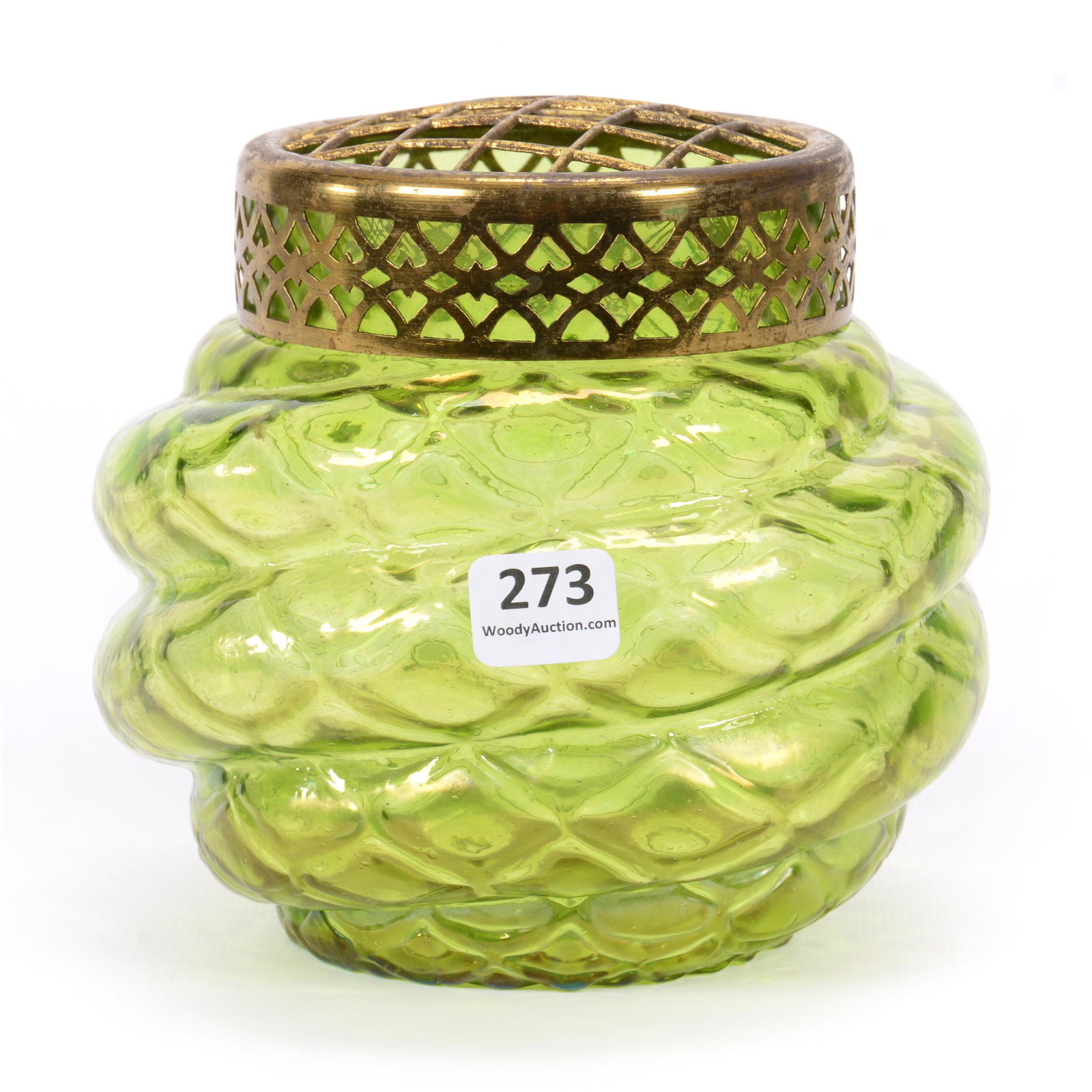 Vase, Green Kralik Art Glass W/Metal Flower Frog (1 of 5)