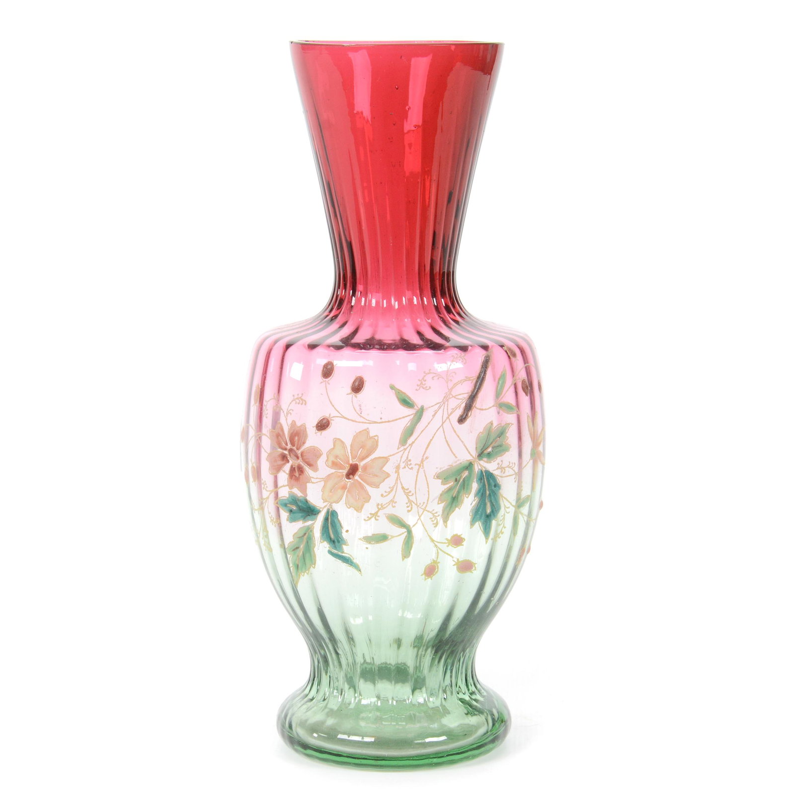 Vase, Rubina Verde Art Glass, Optic Rib, Decorated (1 of 3)