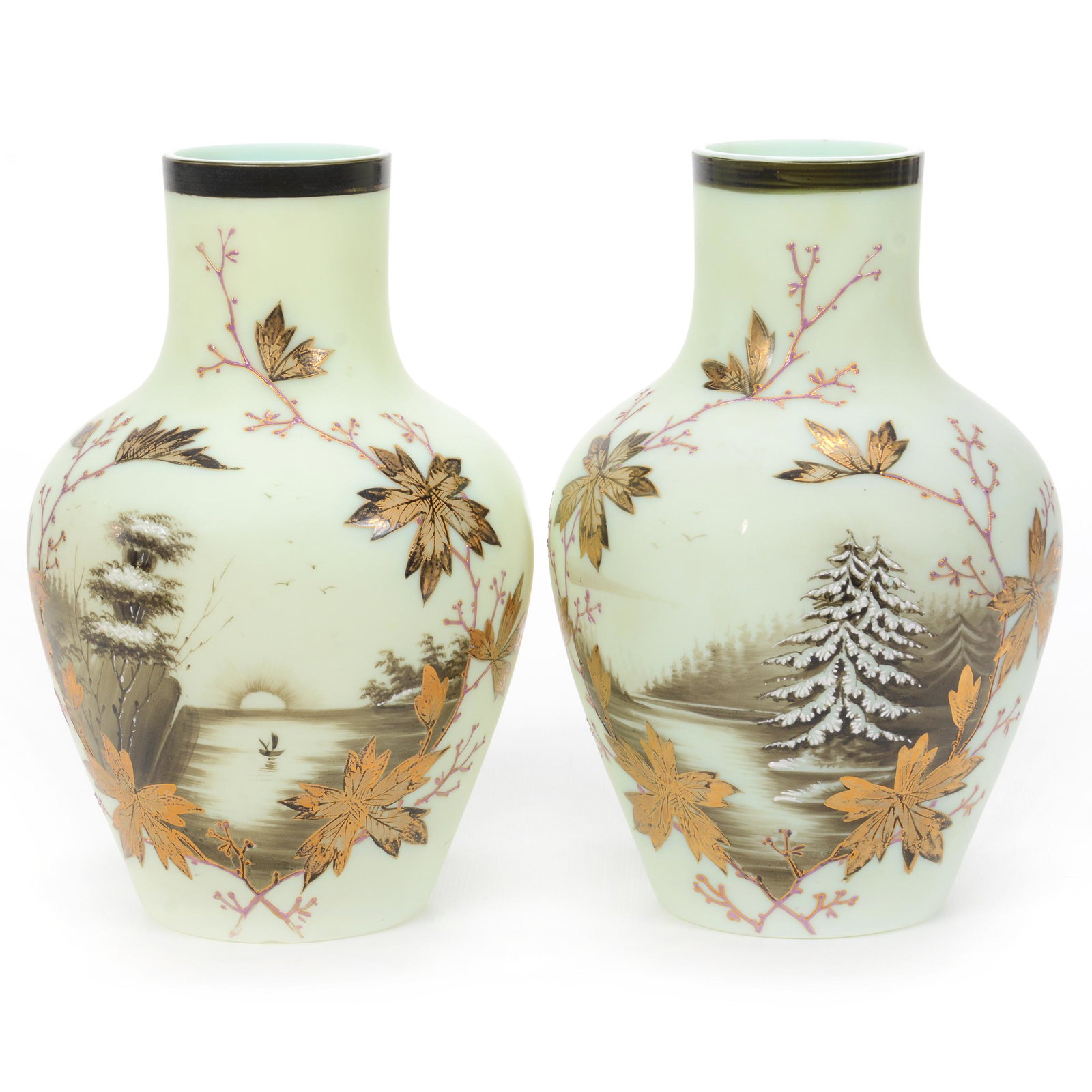 Pair Vases, Opaline Art Glass, Decorated (1 of 4)